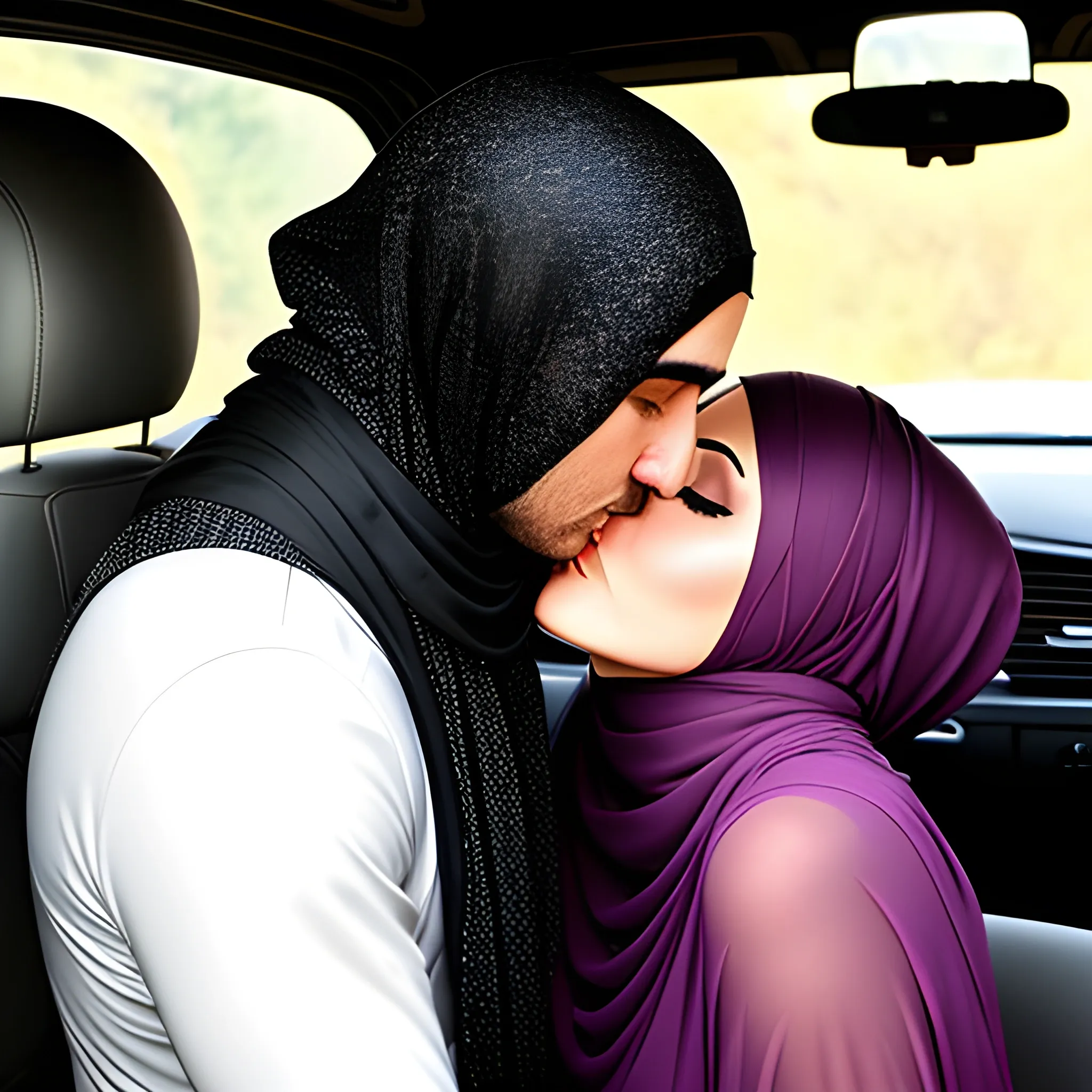 hijab girl frecch kissing a guy in car