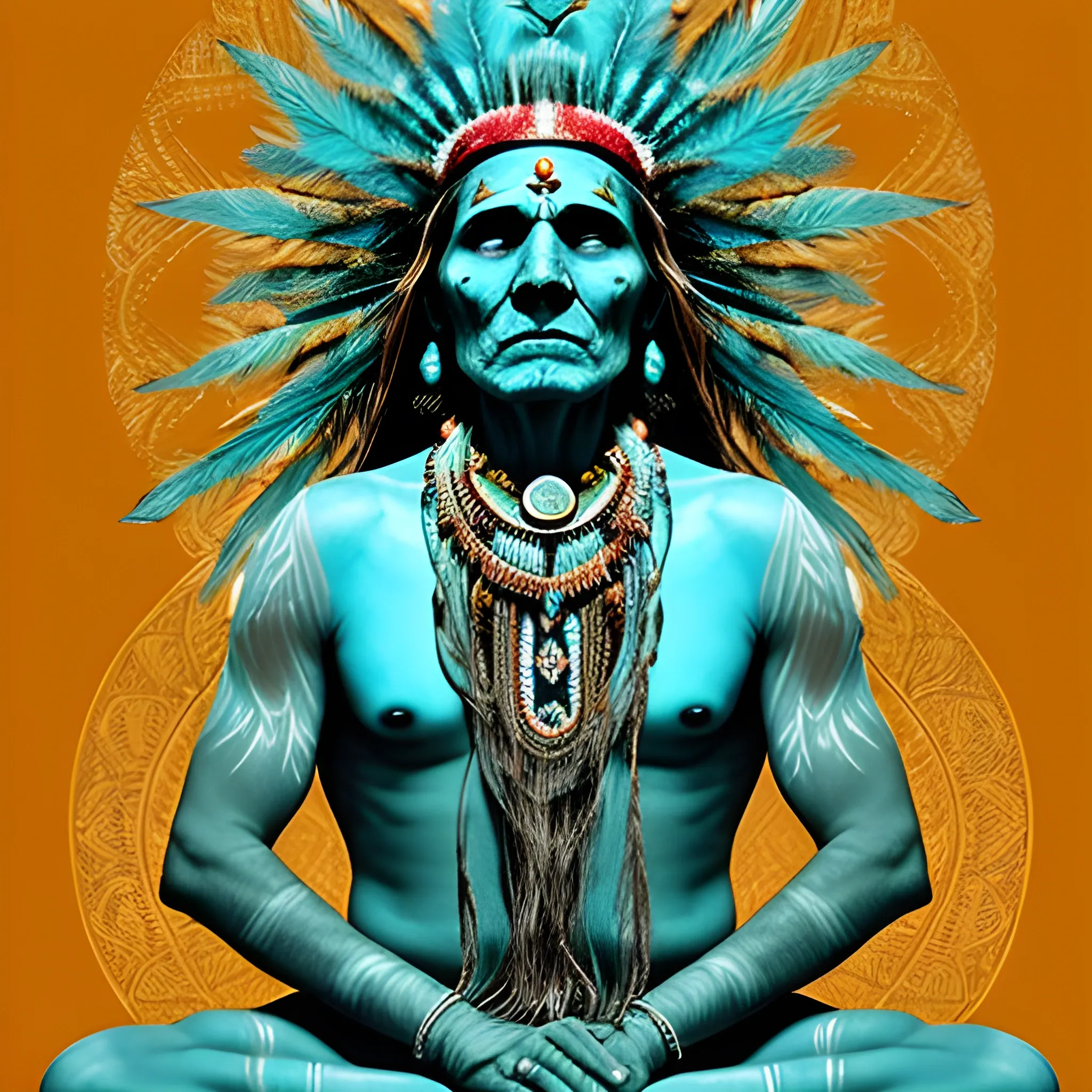 the specter of a wise Indian shaman with ethereal turquoise body