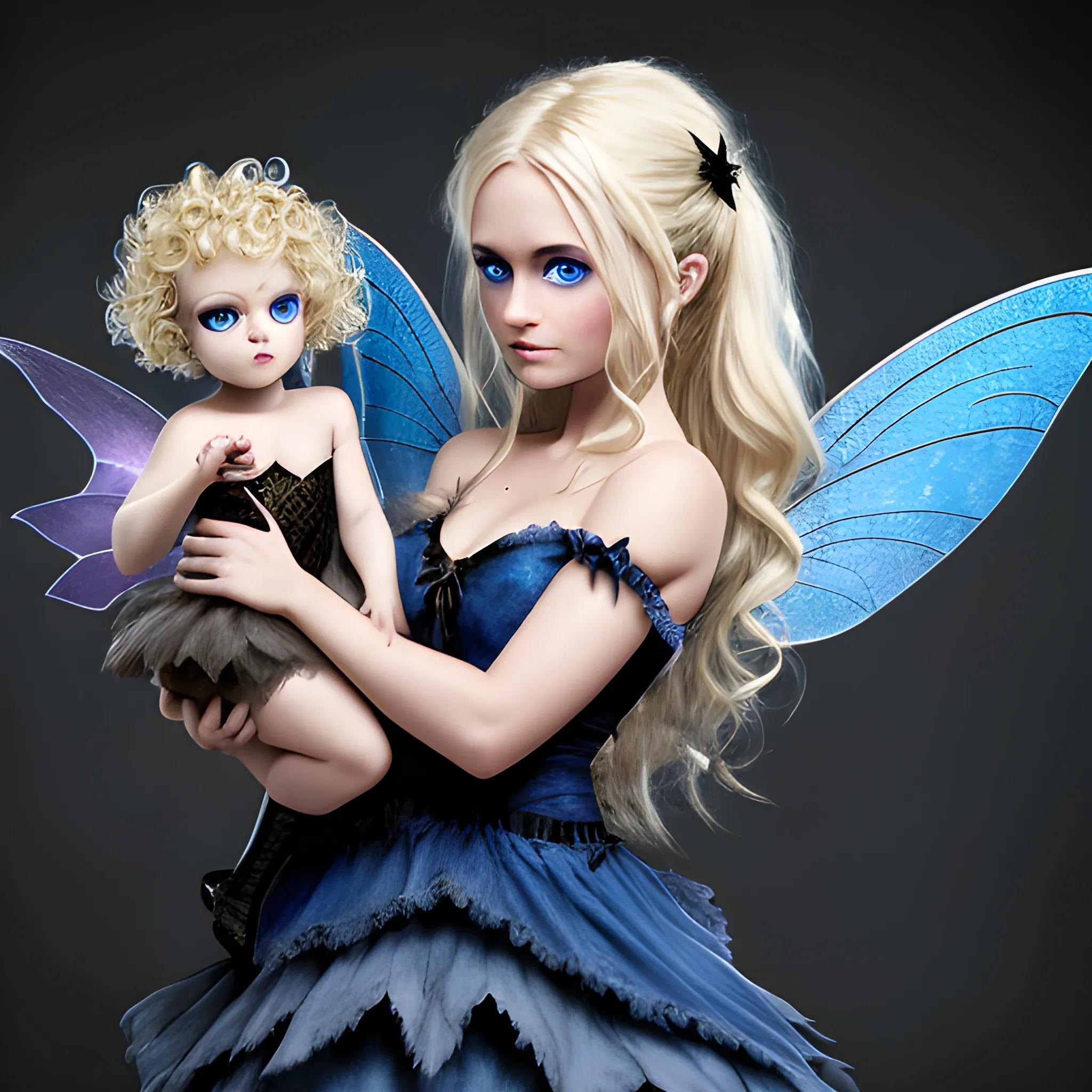 a dark fairy with tinny bodie, blue eyes and blonde