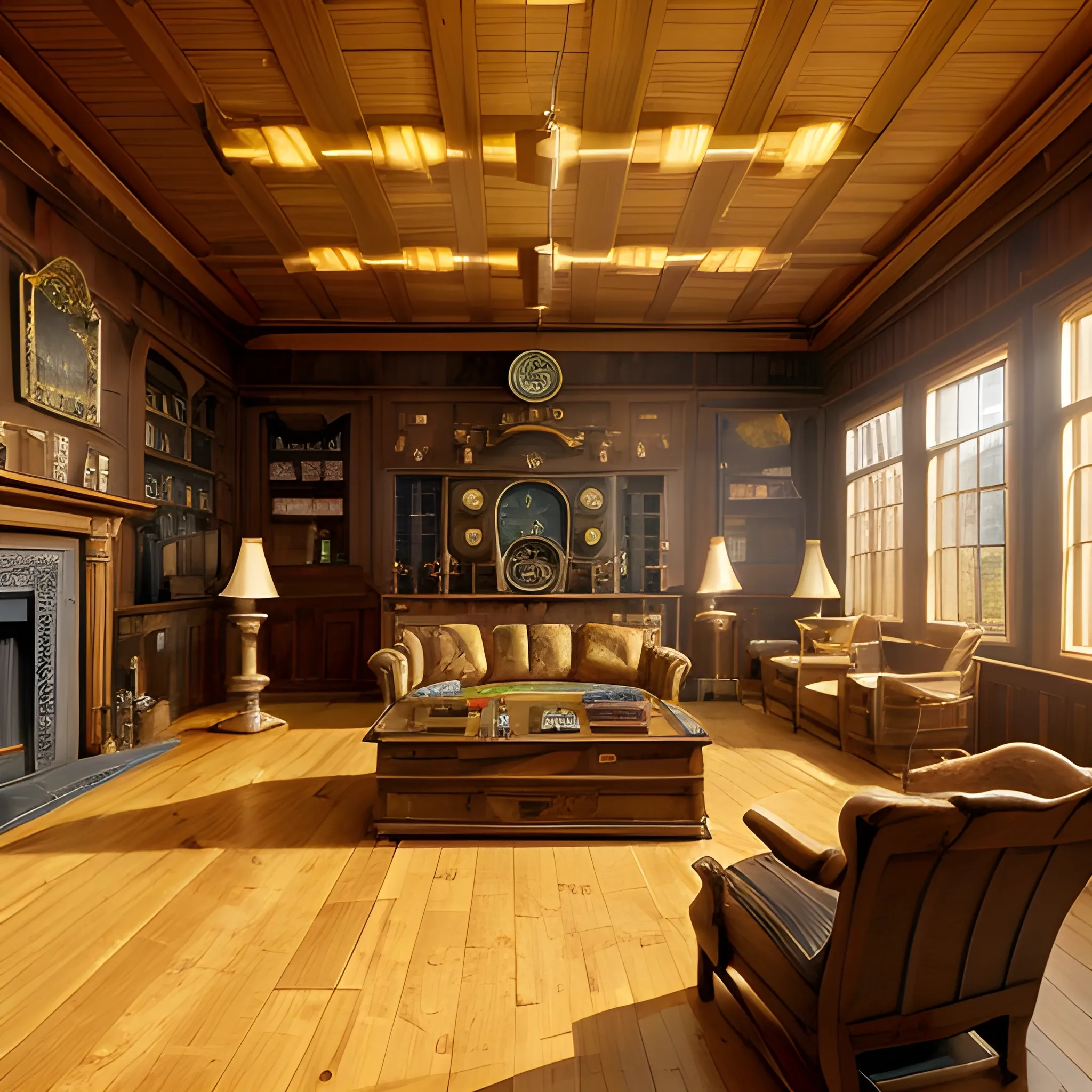 Interior of the living room of a house, wood finishes. In the foreground, near to the camera, clock, with hands, showing 8 o'clock, on a wooden table. Near the roof of the house, several light LED spotlights are on. In the background, several golden coins in the air, out of focus. No CSAM. No NSFW.