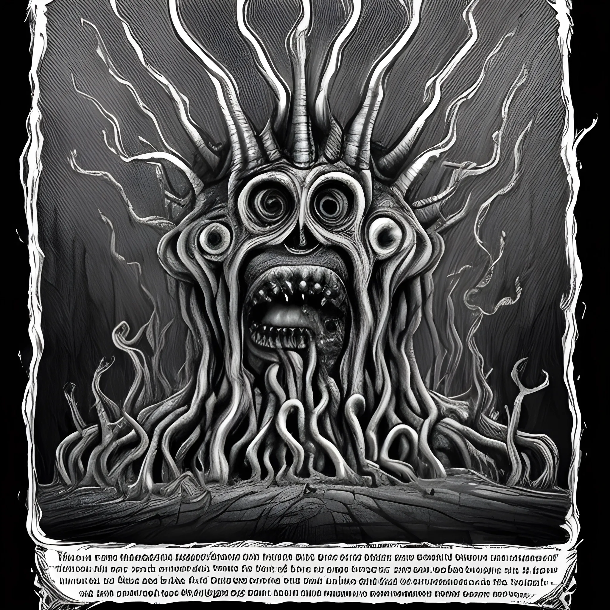 , Pencil Sketch Although usually invisible to the human eye, the Dunwich Horror could be rendered visible through the application of an arcane powder whose recipe is to be found in the ancient volume of evil known as the Necronomicon. Its true form was so alien to the mortal mind that simply to see it was to cause madness in the viewer, but it was known to be a creature of gargantuan proportions, easily capable of devouring several cattle (or for that matter, people) in a single sitting. It was also known to leave behind a dark, viscous substance wherever it went. 