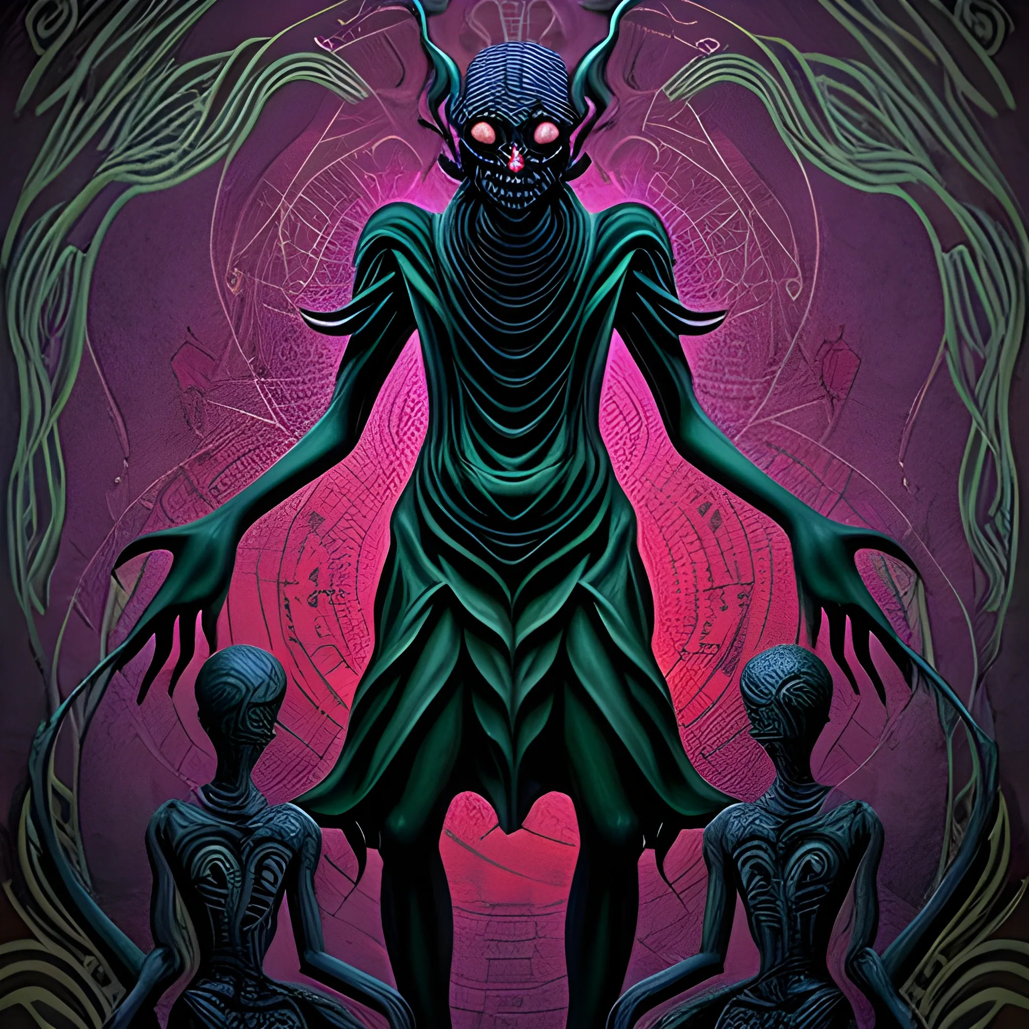  Trippy, 3D Nightmare Nyarlathotep, however, is active and frequently walks the Earth in the guise of a human being, usually a tall, slim, joyous man. Most of them have their own cults serving them, while Nyarlathotep seems to serve them and take care of their affairs in their absence. Most of them use strange alien languages, while Nyarlathotep uses human languages and can be mistaken for a human being. Finally, most of them are all powerful yet purposeless, yet Nyarlathotep seems to be deliberately deceptive and manipulative, and even uses propaganda to achieve his goals. In this regard, he is probably the most human-like among them. 