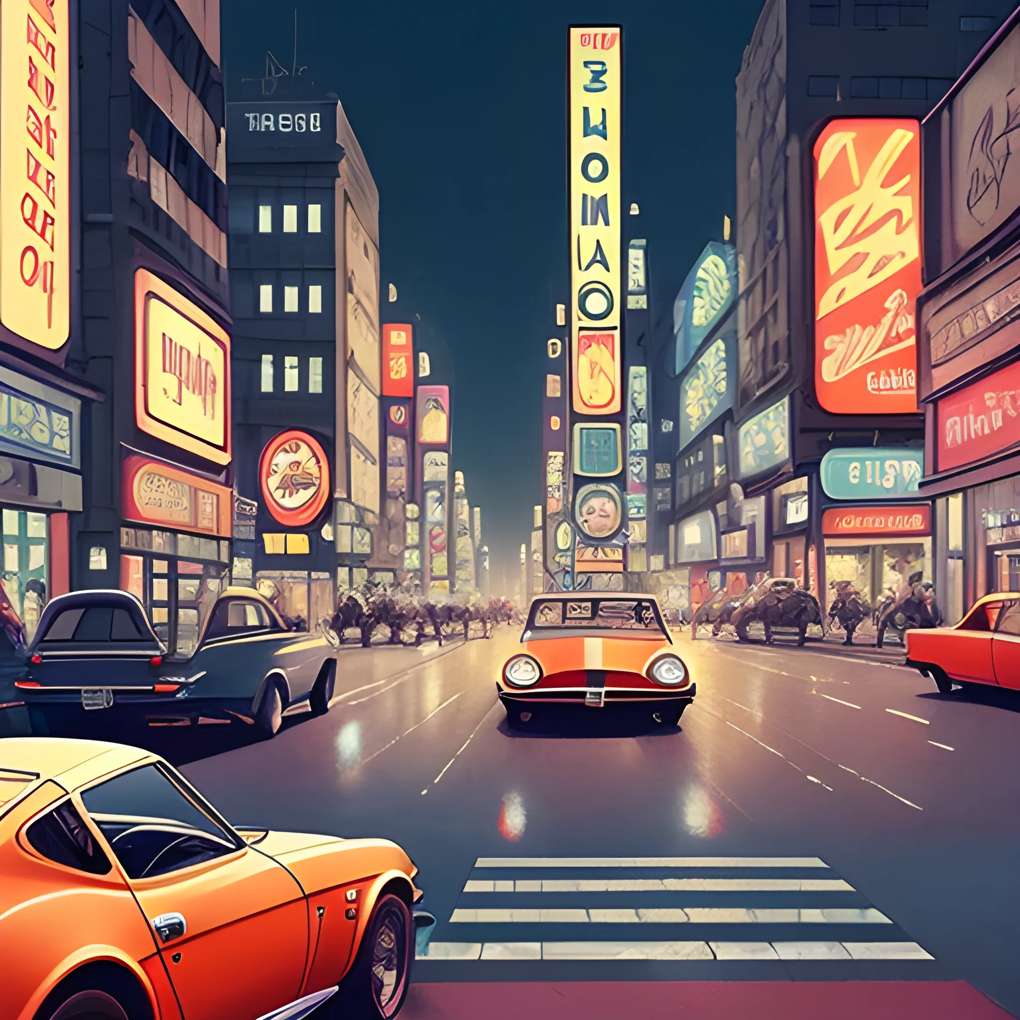 Create an image of a classic Datsun 290Z car in a retro city setting. The car should have a sleek, vintage design with a shiny finish, capturing the essence of the 1970s. Place the car on a bustling city street, surrounded by tall buildings adorned with neon signs and advertisements. The overall scene should be vibrant and colorful, with a nostalgic feel, perfect for a 1920x1080 pixel wallpaper. The background should evoke the atmosphere of a lively urban environment from the past, with people walking and the city lights reflecting off the car's surface. Cartoon