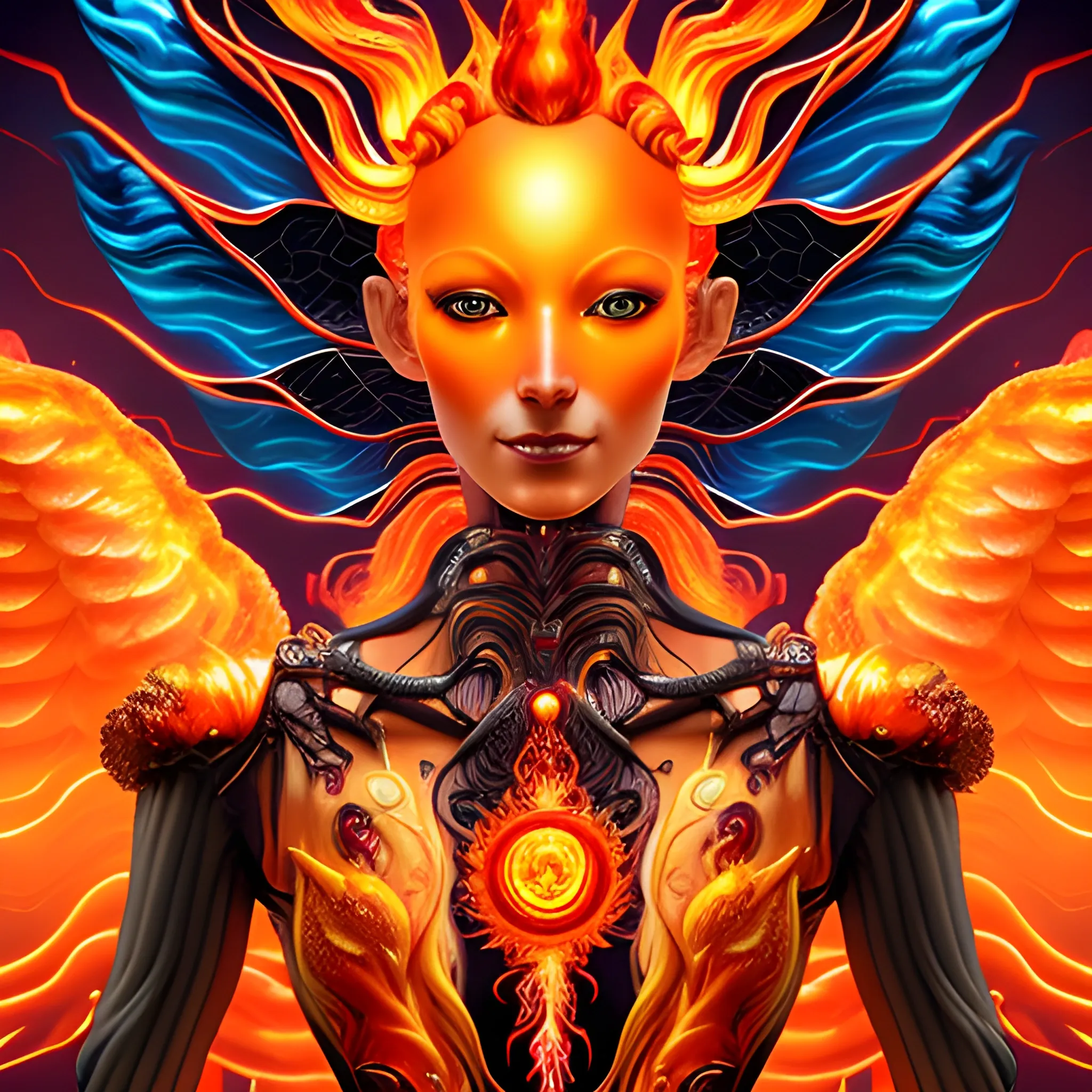 Panopticon Octavio Ocampo: ((half body Portrait of a Firey Cyber Predator)), contrast of organic and metallic textures, angelic wings merging with robotic limbs,, orange fire around, flaming theme, burning atmosphere, (dress cowboy costume:1.2), Orange crystal jewelry, light smile, mature body, colorful, masterpiece, best quality, official art, perfect composition, fantasy, focused