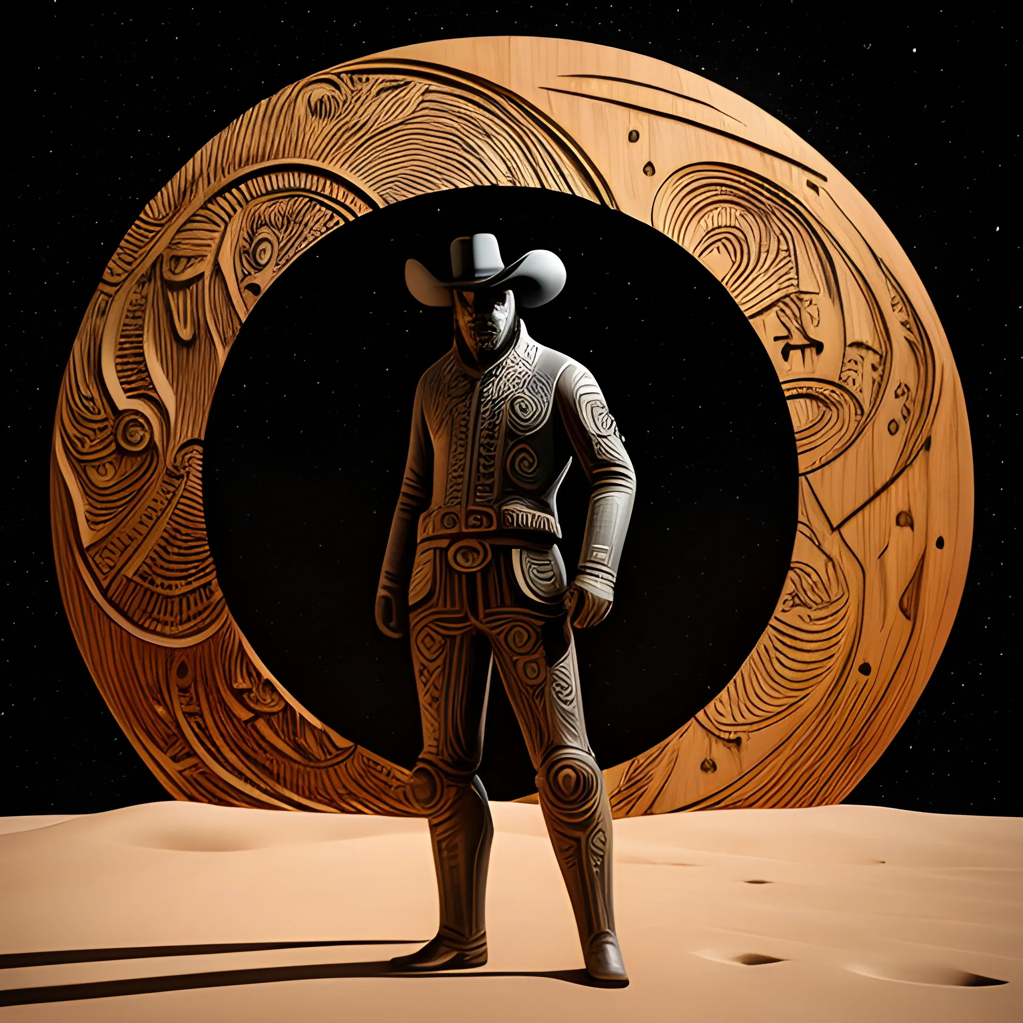 Wide image of a mural that blends intricate woodwork design with cinema4d rendering. It features a dark cowboy on the moon's surface, with haunting shadows around. The artwork is influenced by pop culture, manga, and has a paper-like texture.