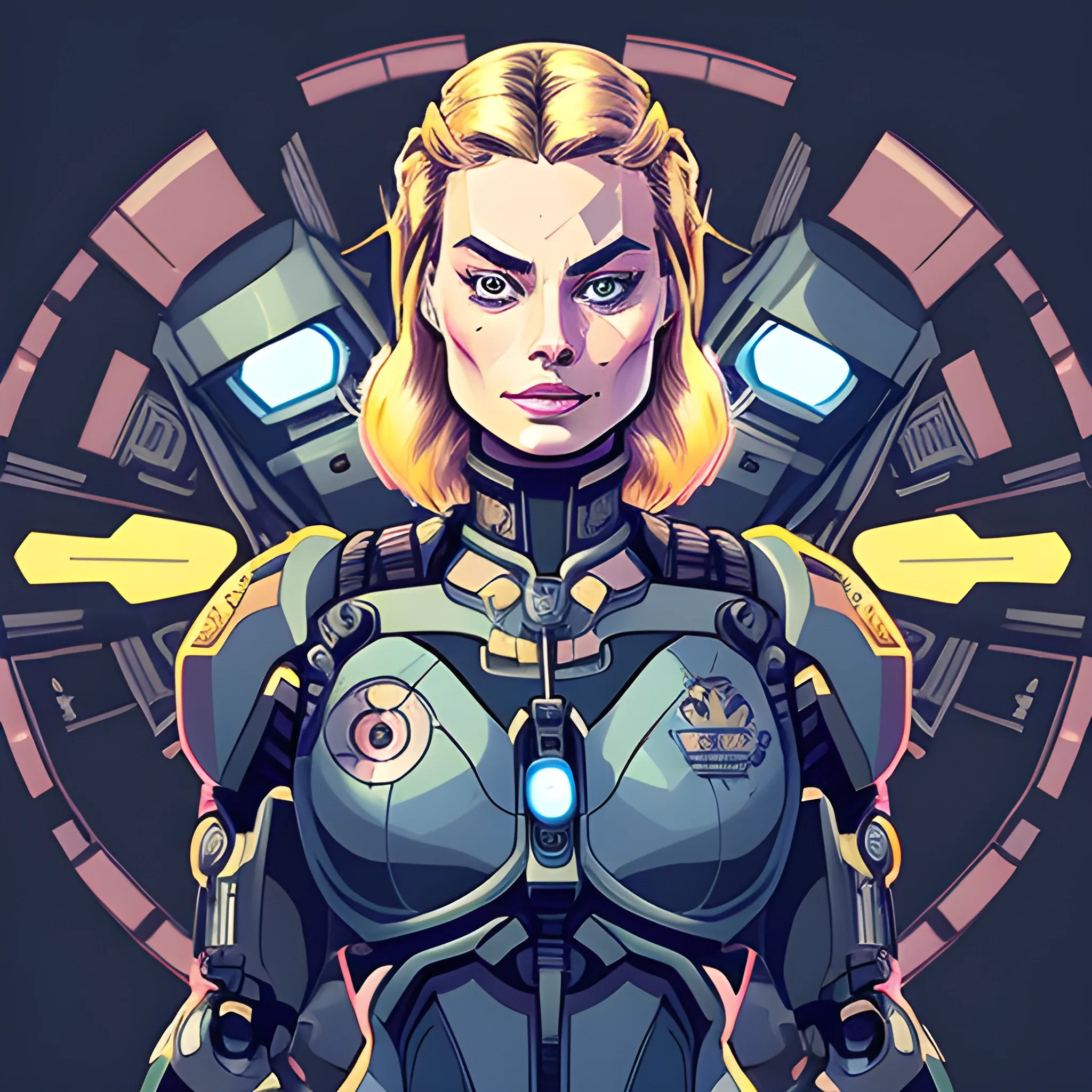 A Margot Robbie masterpiece drawn in artstyle, she is a pilot of mech, she is looking at camera with a grave look, her cyber-armor is full of intricate glowing circuits, a giant mech is on the background, epic scene, masterpiece, highly detailed