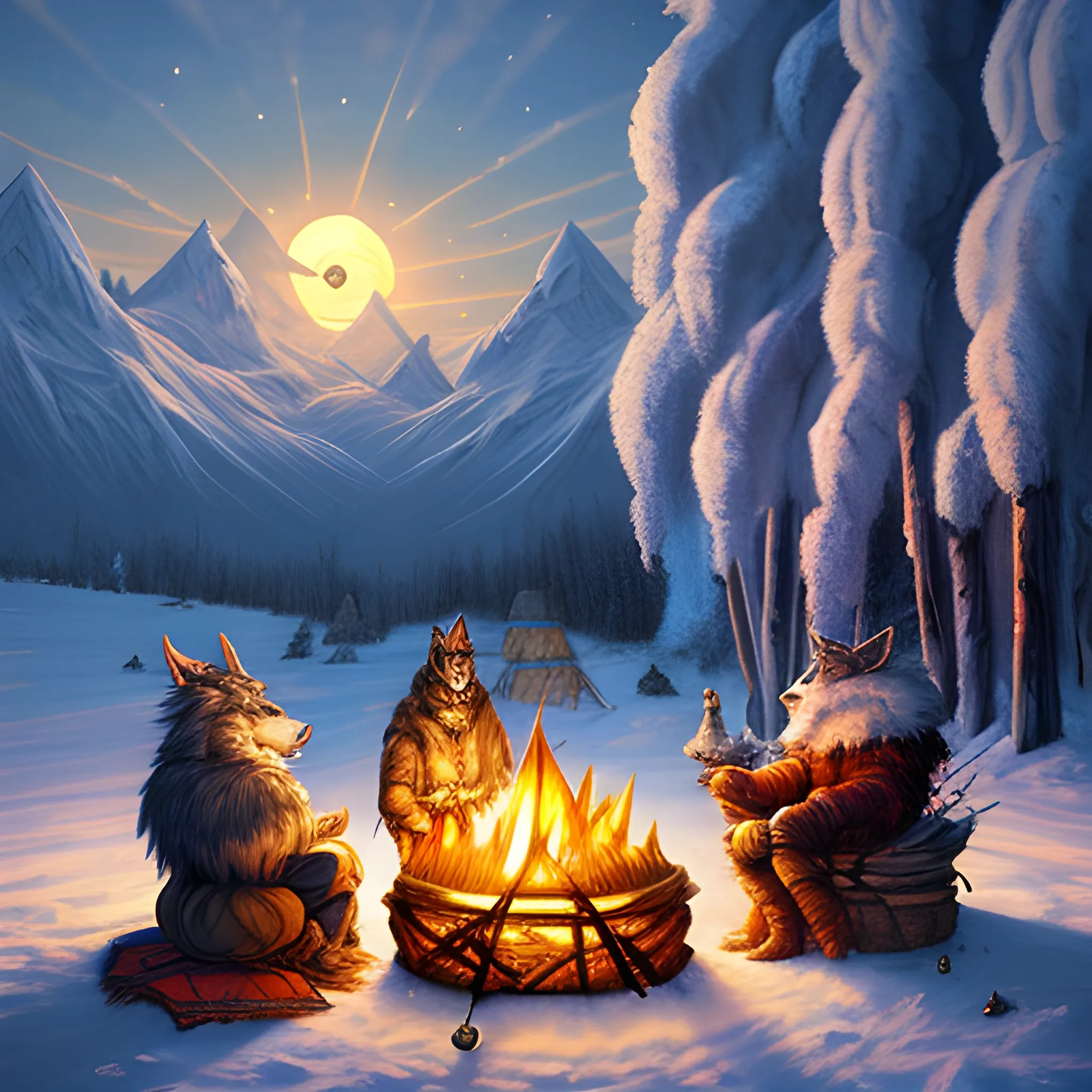 Shaman wolf character at a campfire in winter, snowy yurts, low sun, otherworldly planets in the sky, warm and homely atmosphere, high quality, detailed fur, fantasy, magical, mystical, snowy landscape, peaceful setting, cozy campfire, vibrant fur colors, serene and enchanting lighting