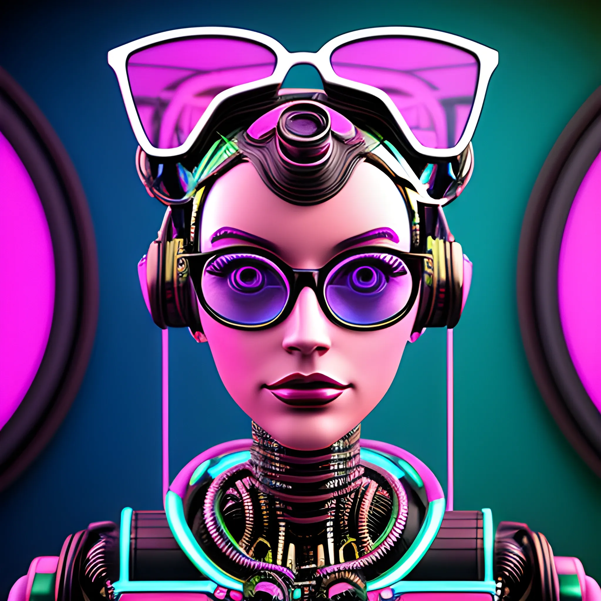 female robot in glasses looking at a background, in the style of ...