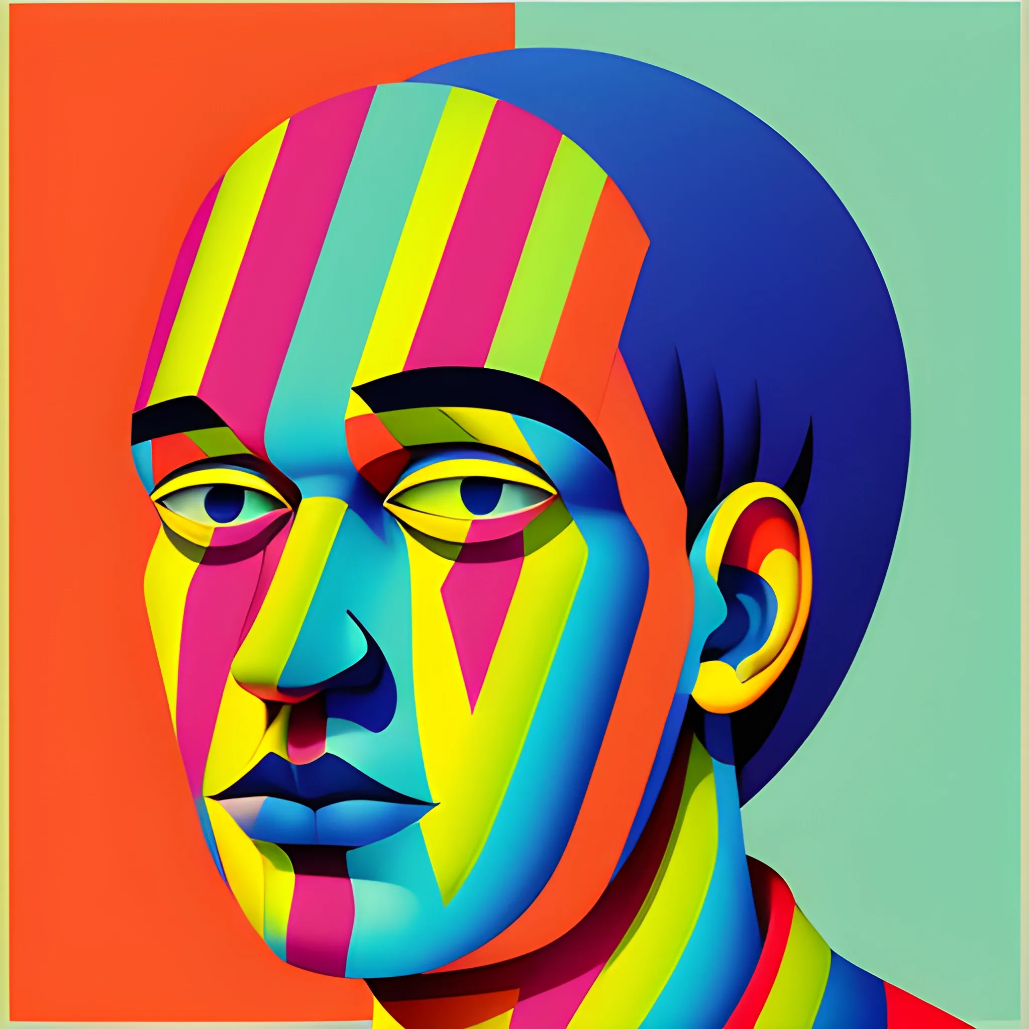 an art work of a man with a face cut into a colorful striped background, in the style of paul corfield, illusory effects, anna dittmann, innovating techniques, retro filters, free-flowing lines, emotive faces