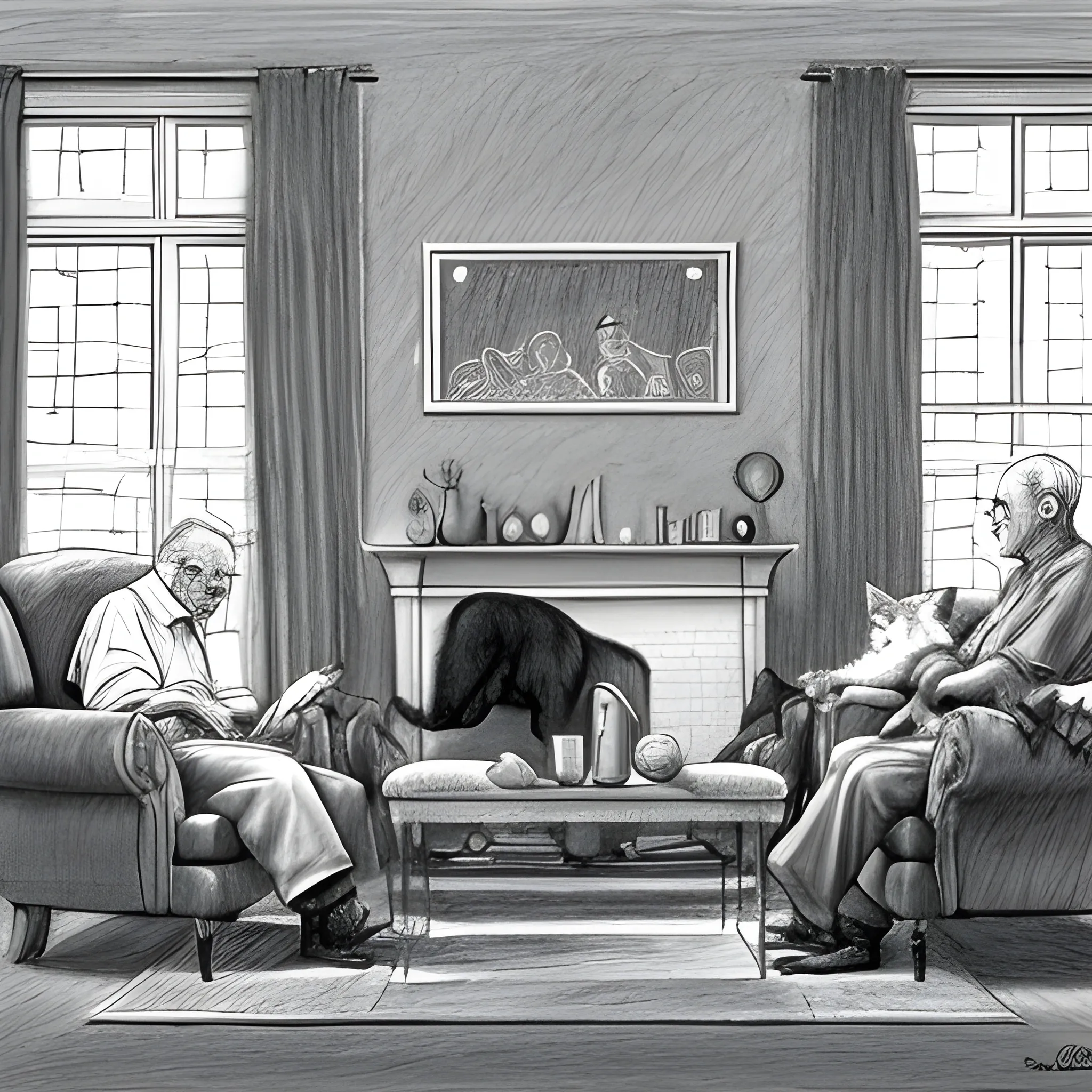 living room, old man is sitting on the sofa, next to him are two cats - one black and one white, Pencil Sketch