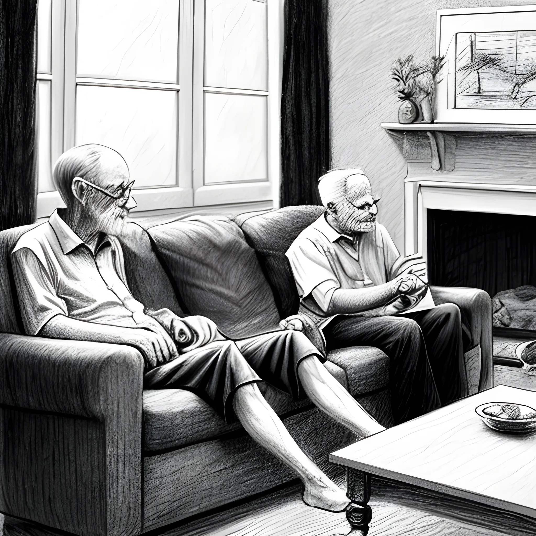 living room, an old man is sitting on the sofa, next to him are two cats - one black and one white, Pencil Sketch