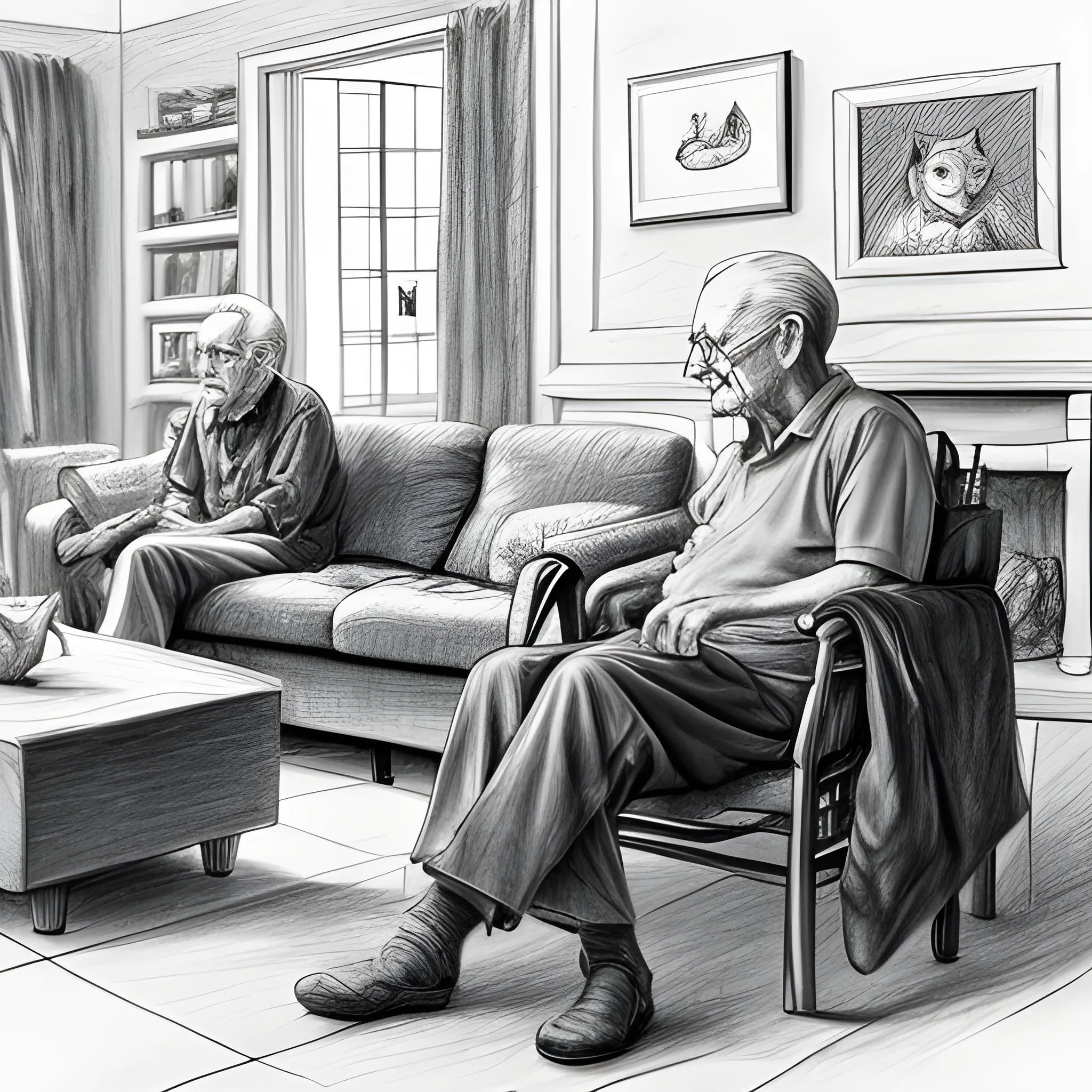 living room, an old man is sitting on the sofa, next to him are two cats - one black and one white, Pencil Sketch