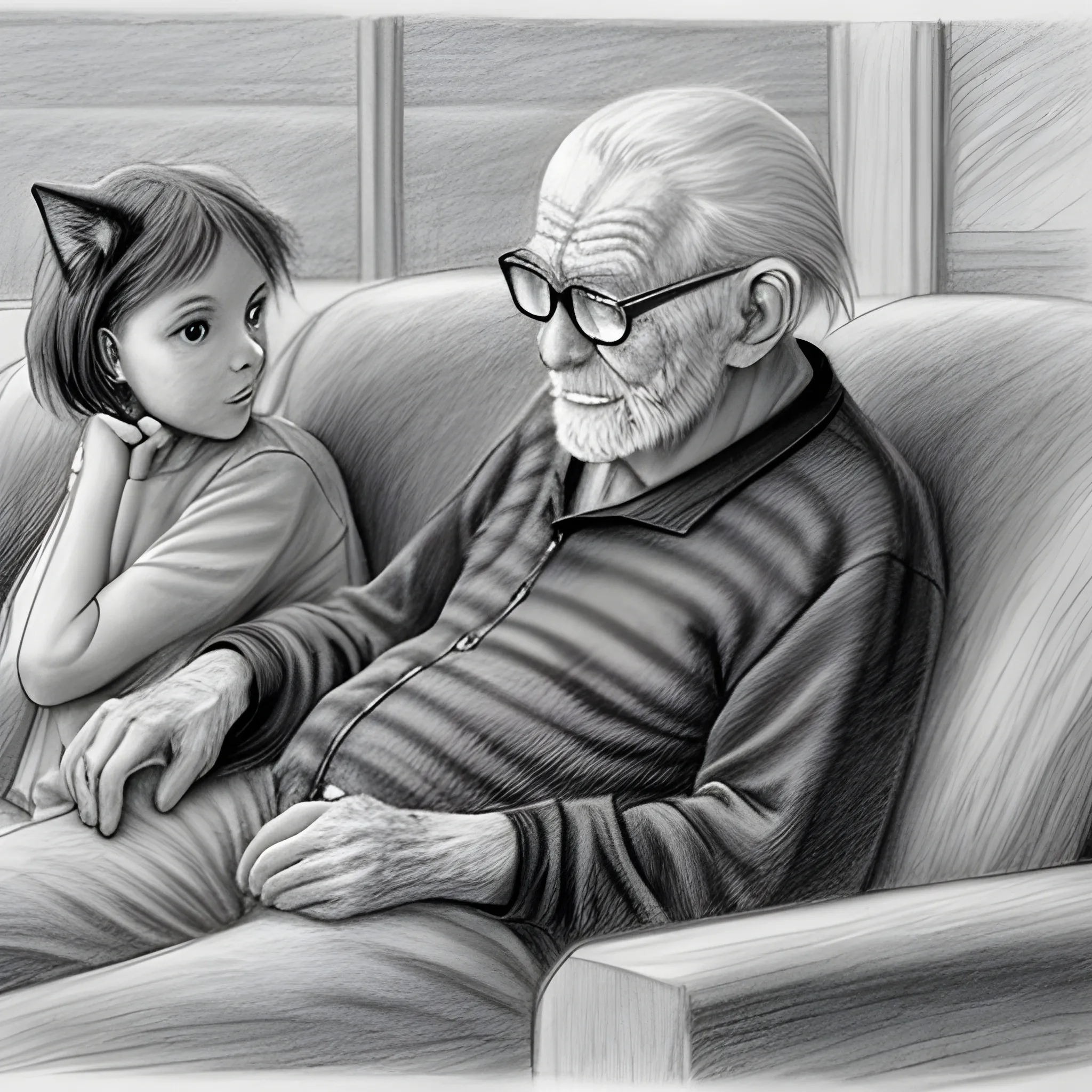 an old man is sitting on the sofa, next to him are two cats - one black and one white, Pencil Sketch