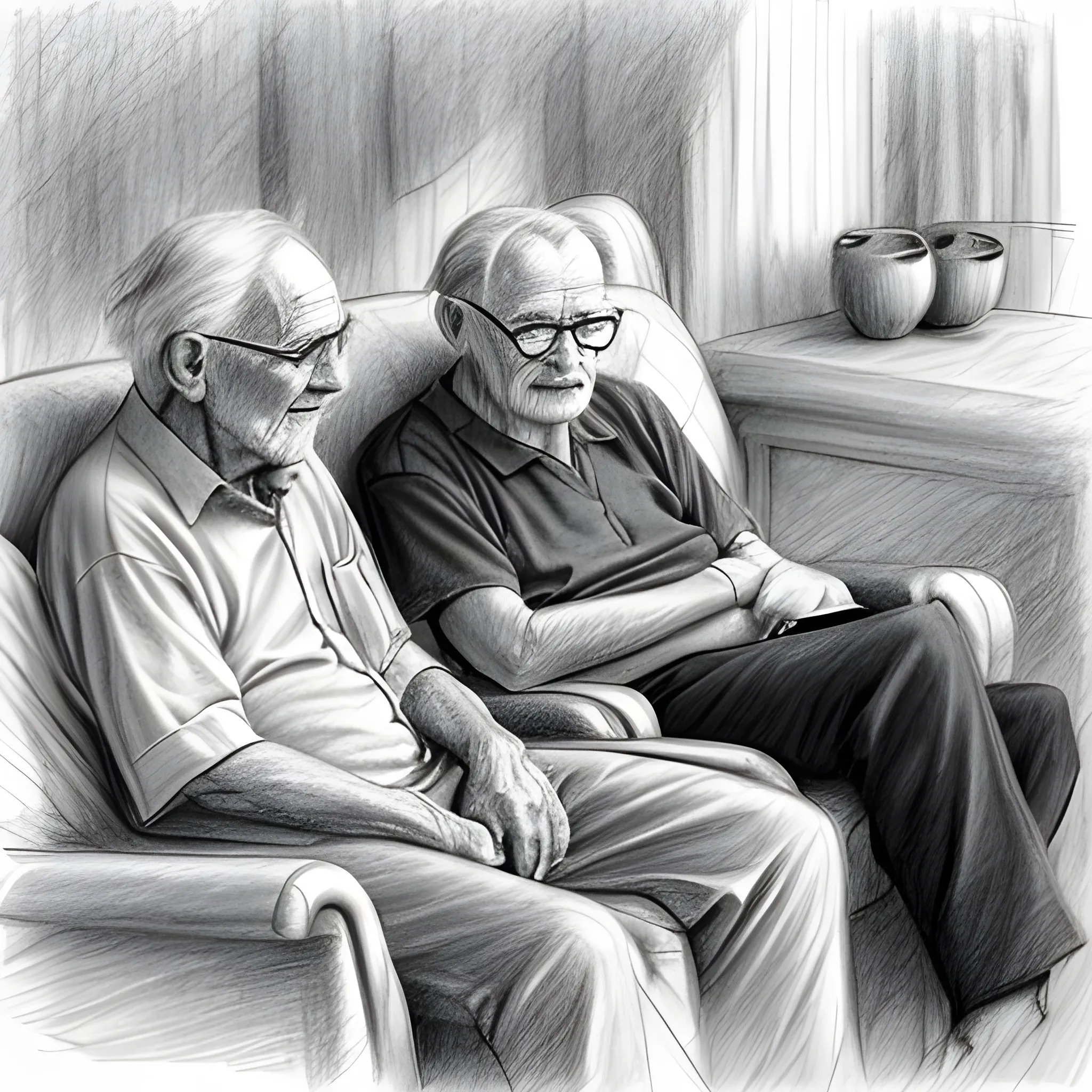 an old man is sitting on the sofa, next to him are two cats - one black and one white, Pencil Sketch