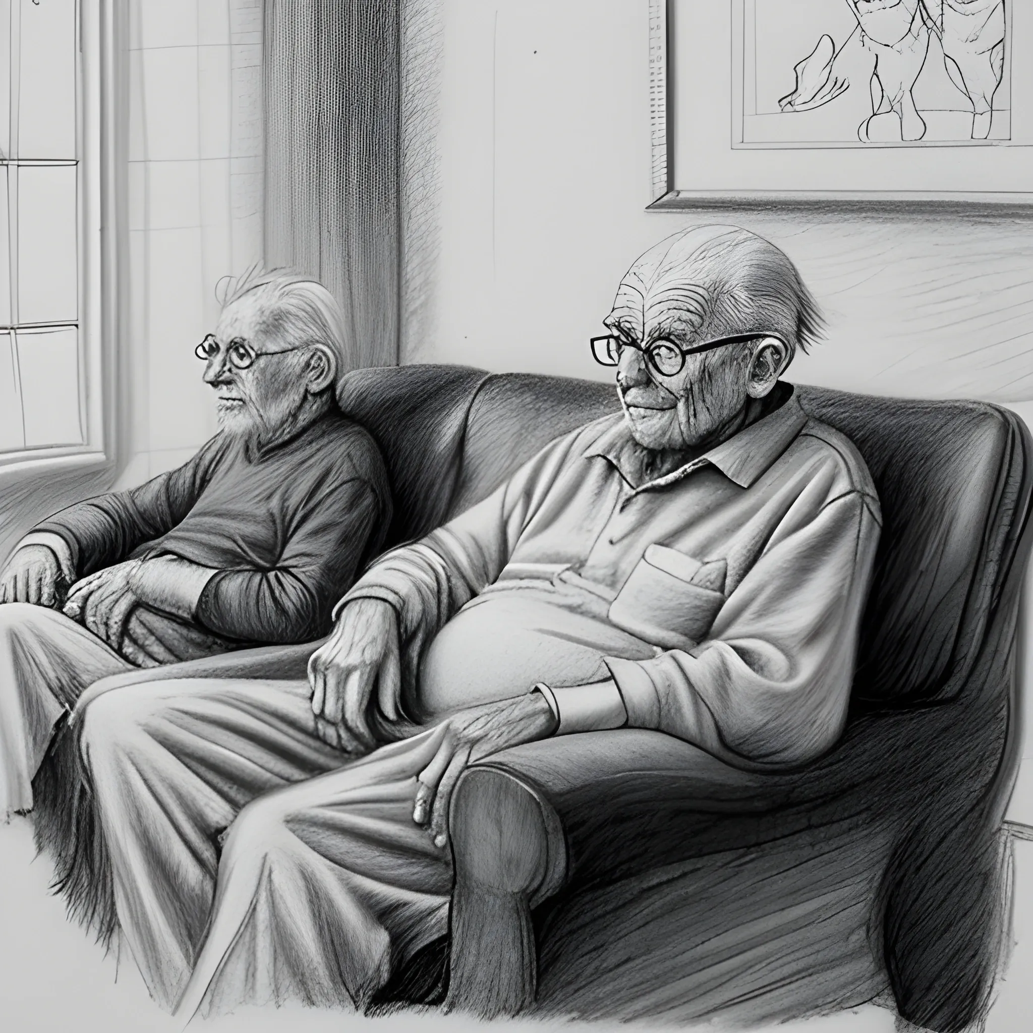 an old man on the sofa, next to him sit two cats - one black and one white, Pencil Sketch