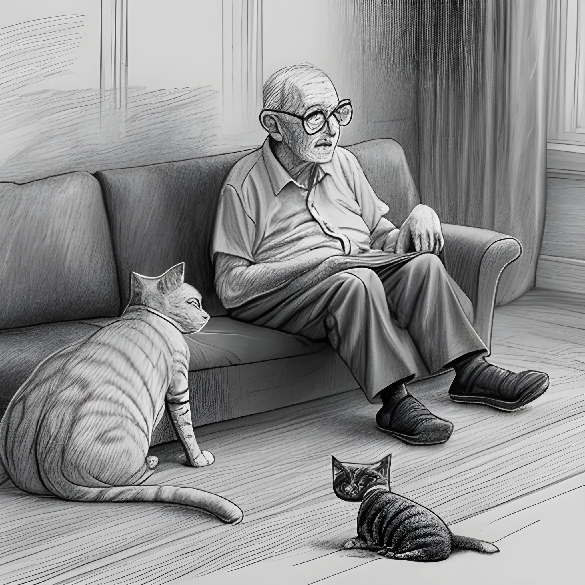 an old man on the sofa,on the floor sit two cats - one black and one white, Pencil Sketch