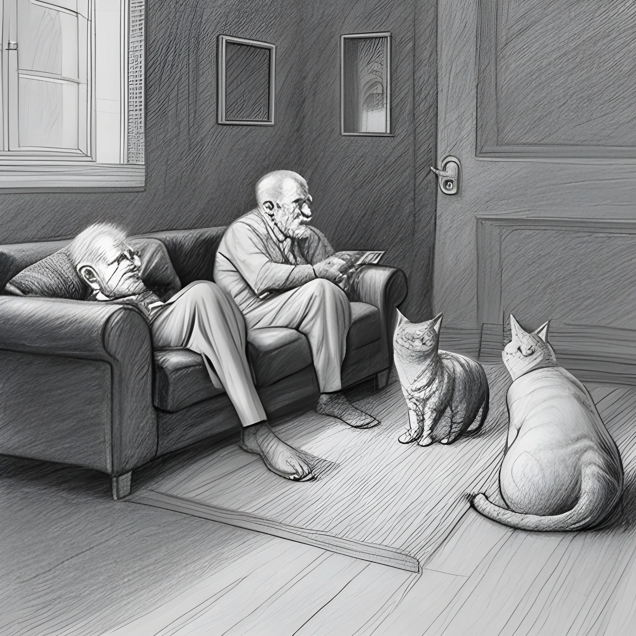 an old man on the sofa,on the floor sit two cats - one black and one white, Pencil Sketch