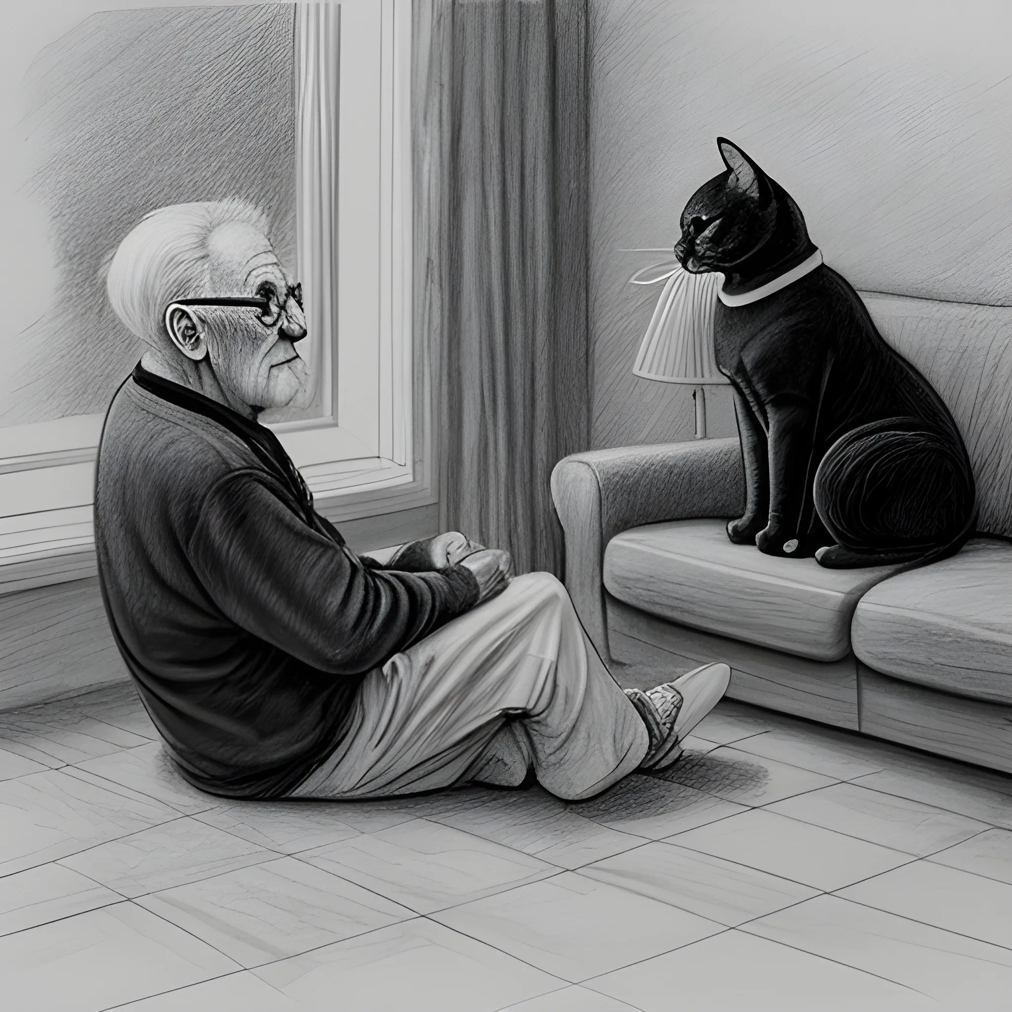 an old man on the sofa,on the floor sit two cats - one black and one white, Pencil Sketch