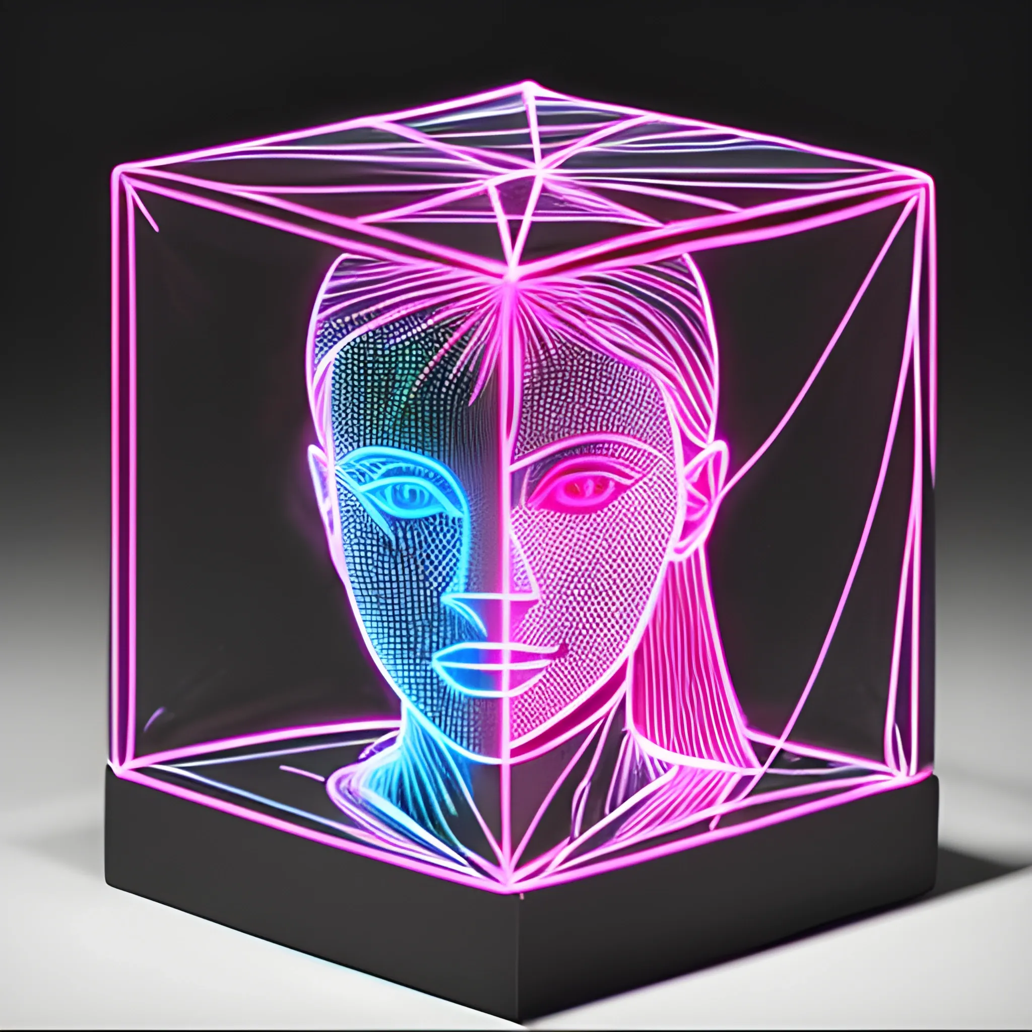 A Neon light drawing 4d cube, cube is painted on 4d black paper, 4d cube is filled with a 4d image of a Women Face made of Neon light drawing micro etched 4d aluminized polymer, 4d alabaster holds cube in place, 16k gigapixel hyper realistic