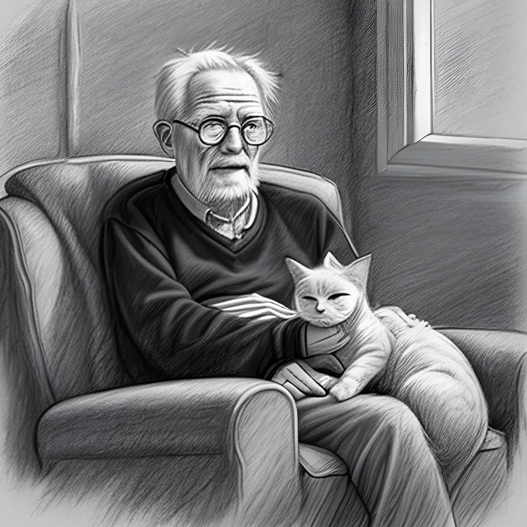 an old man on the sofa,on the floor sit two cats - one black and one white, Pencil Sketch