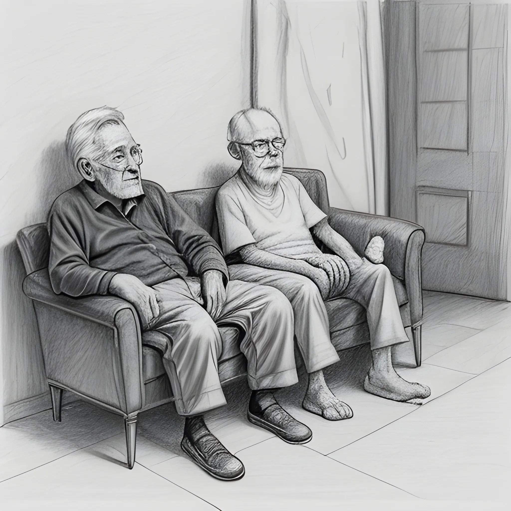 an old man on the sofa,on the floor sit two cats - one black and one white, Pencil Sketch