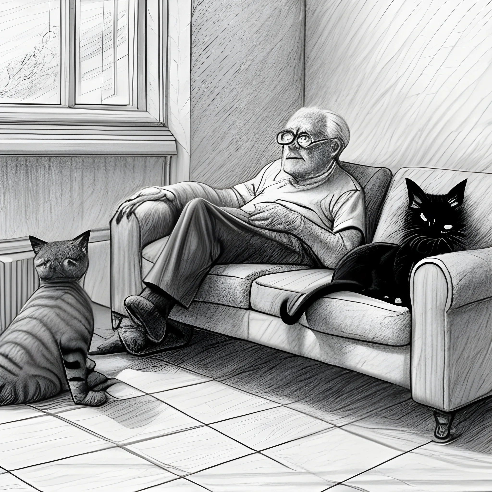 an old man on the sofa,on the floor sit two cats - one black and one white, Pencil Sketch