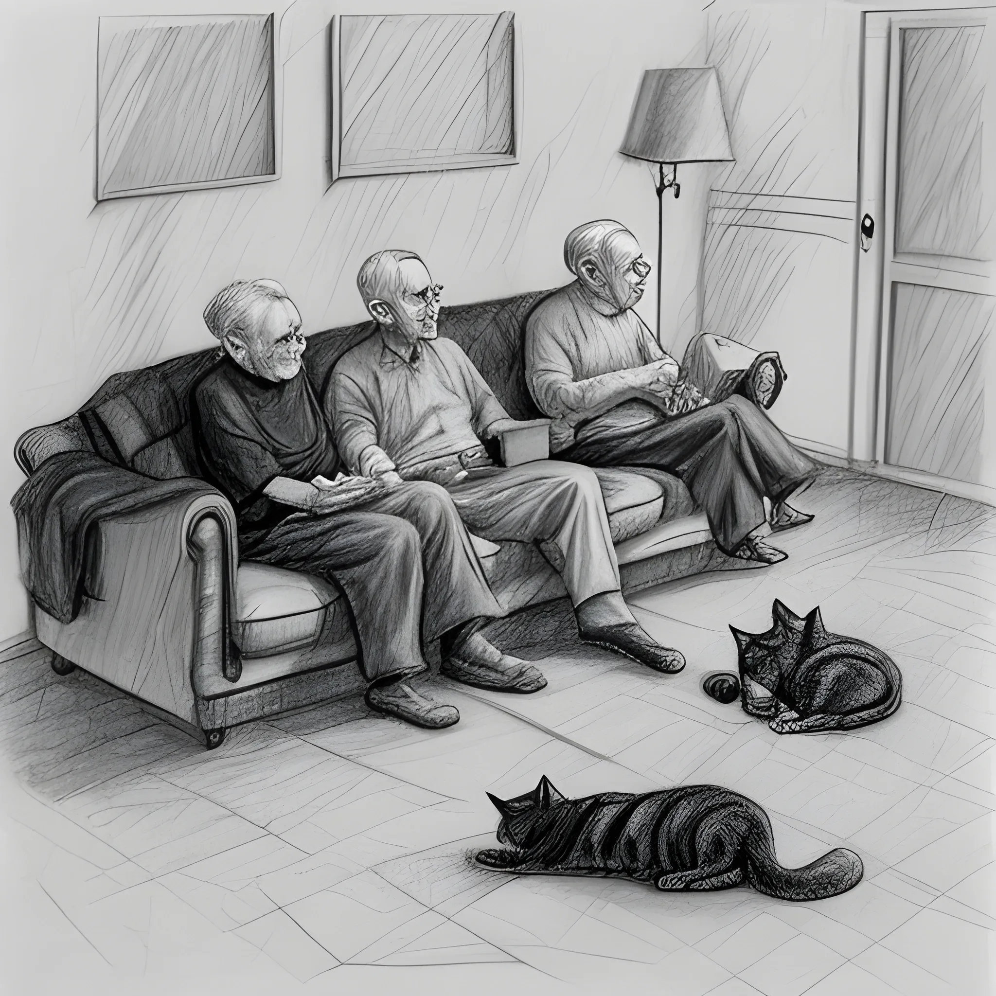 an old man on the sofa,on the floor sit two cats - one black and one white, Pencil Sketch