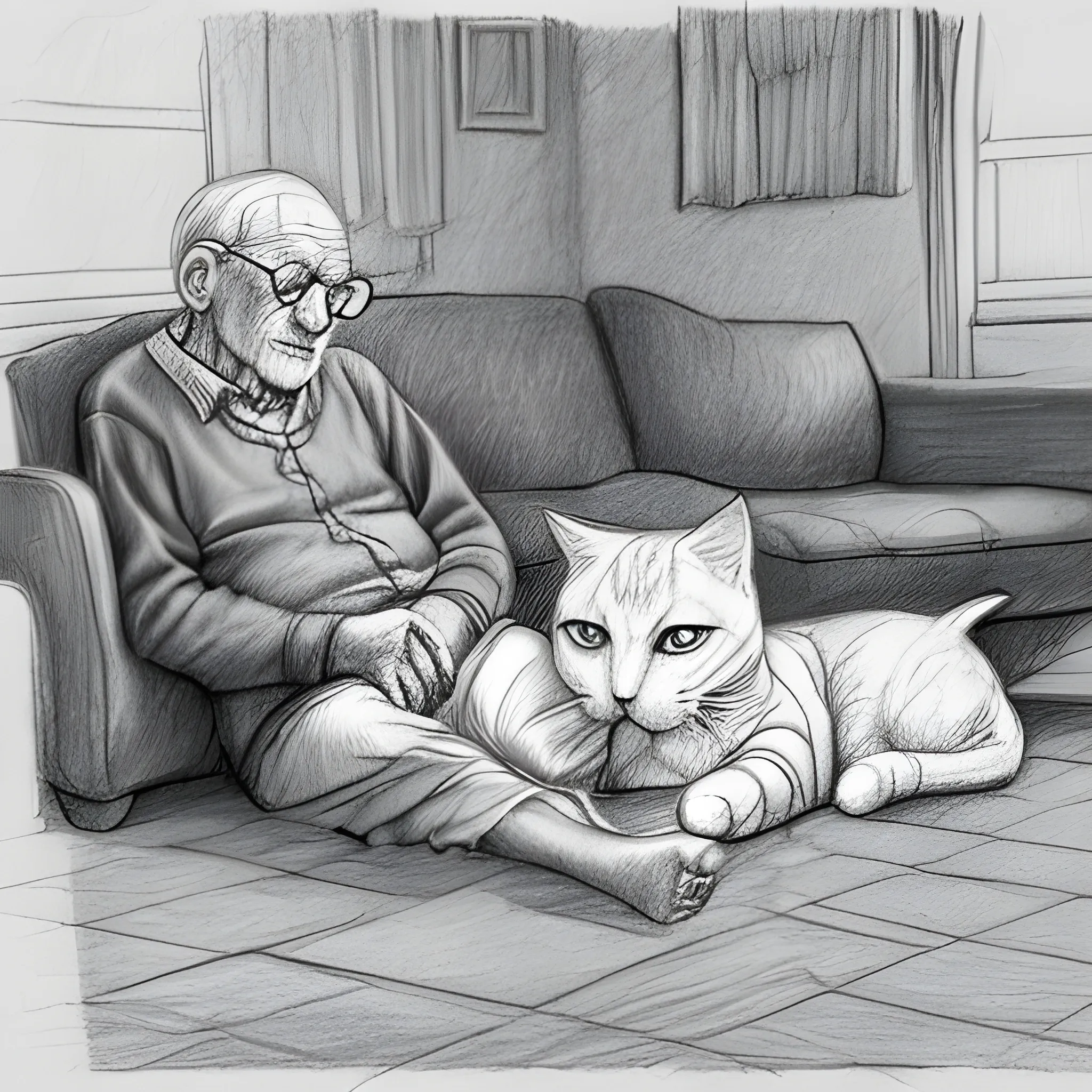 an old man on the sofa,on the floor sit two cats - one black and one white, Pencil Sketch