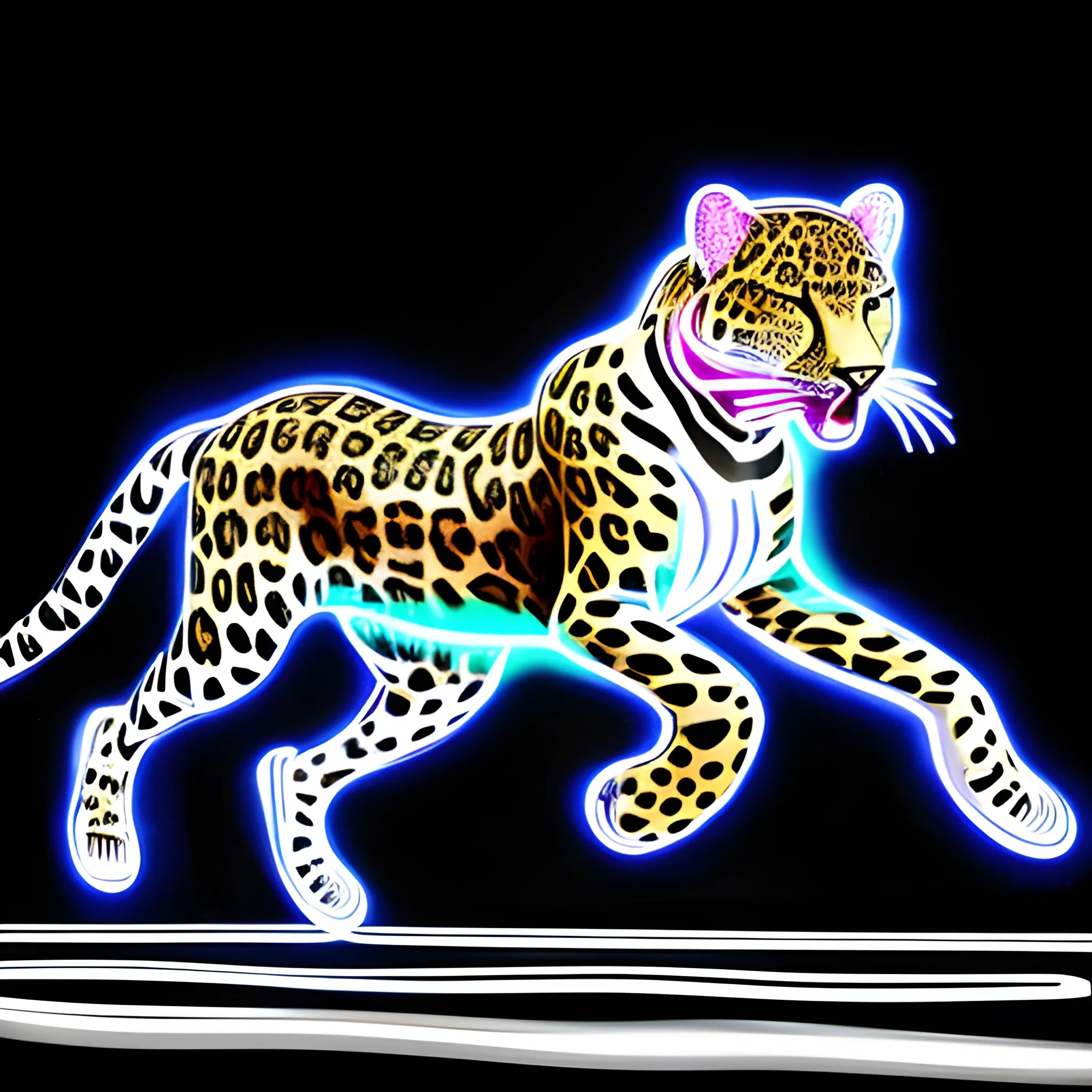 Neon light drawing of Leopard racing fast, full body shot, dynamic pose, black background, colorful lights,