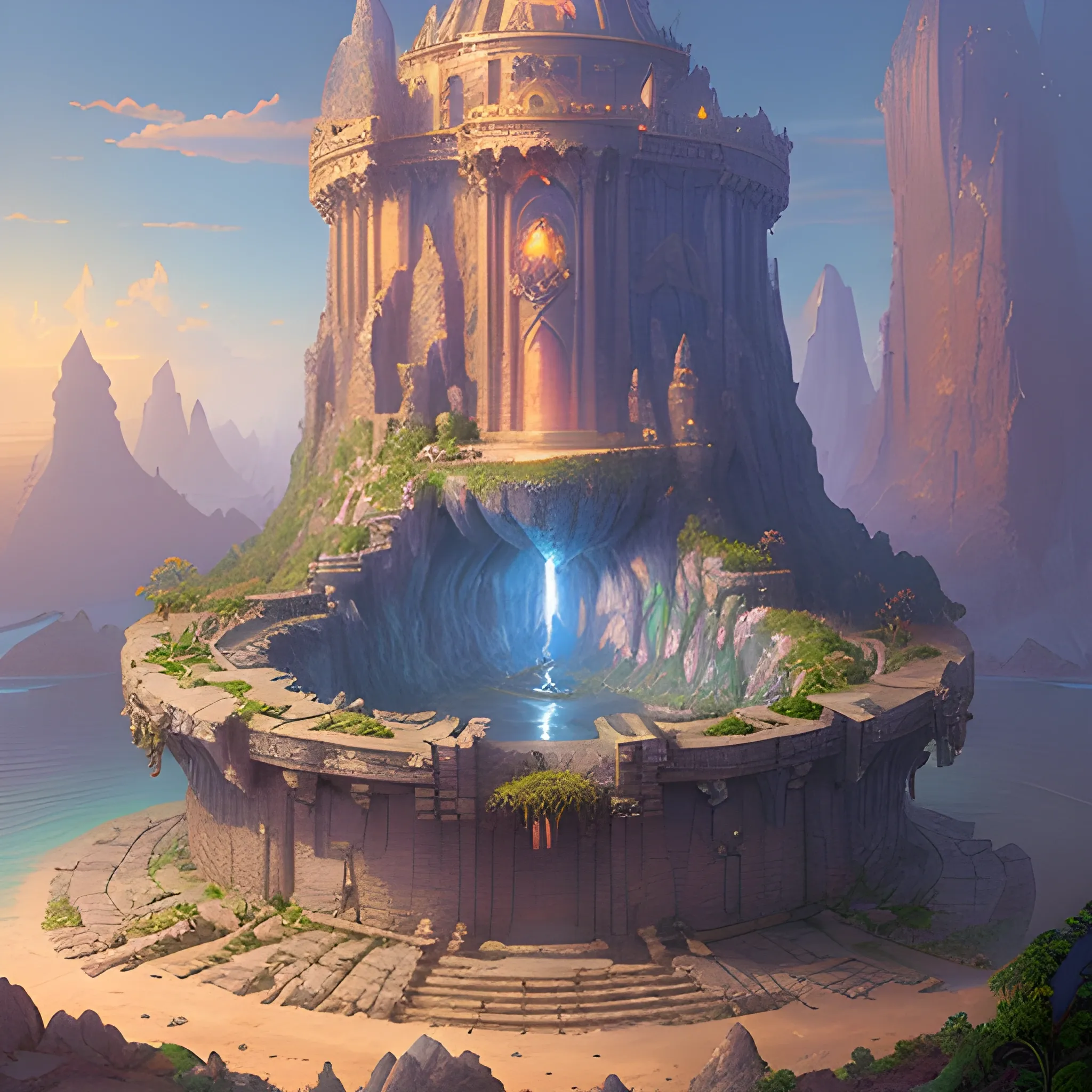 A beautiful hyper realistic detailled matte painting of the dungeon of the gods with a magic water well of Bronze energy, daylight, barometric projection, by andreas rocha john howe, and Martin Johnson Heade, featured on artstation, featured on behance, ultrawide angle, Trippy