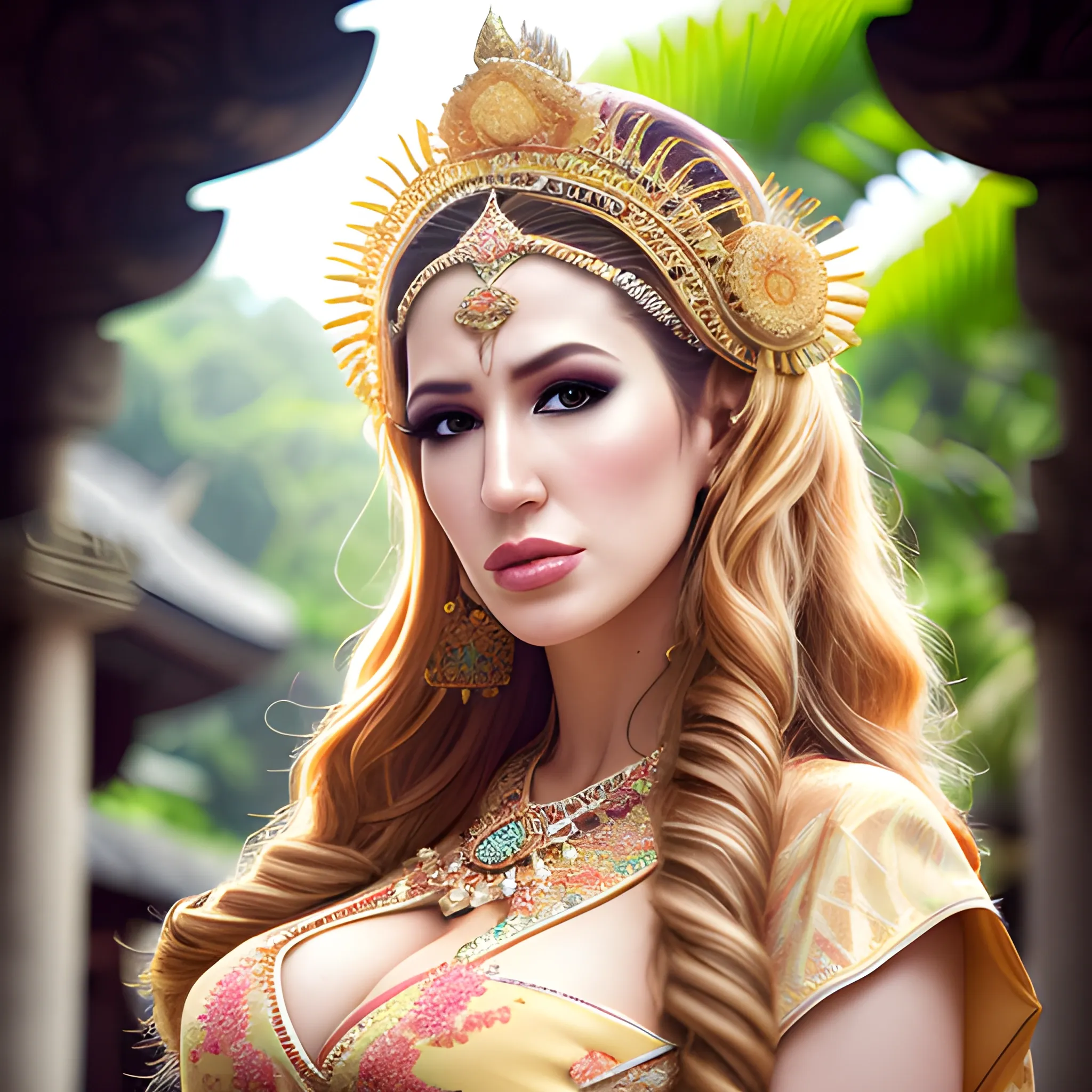 portrait of jordan carver wearing kebaya in bali temple, by charlotte grimm, natural light, detailed face, beautiful features, symmetrical, canon eos c 3 0 0, ƒ 1. 8, 3 5 mm, 8 k, medium - format print, Trippy