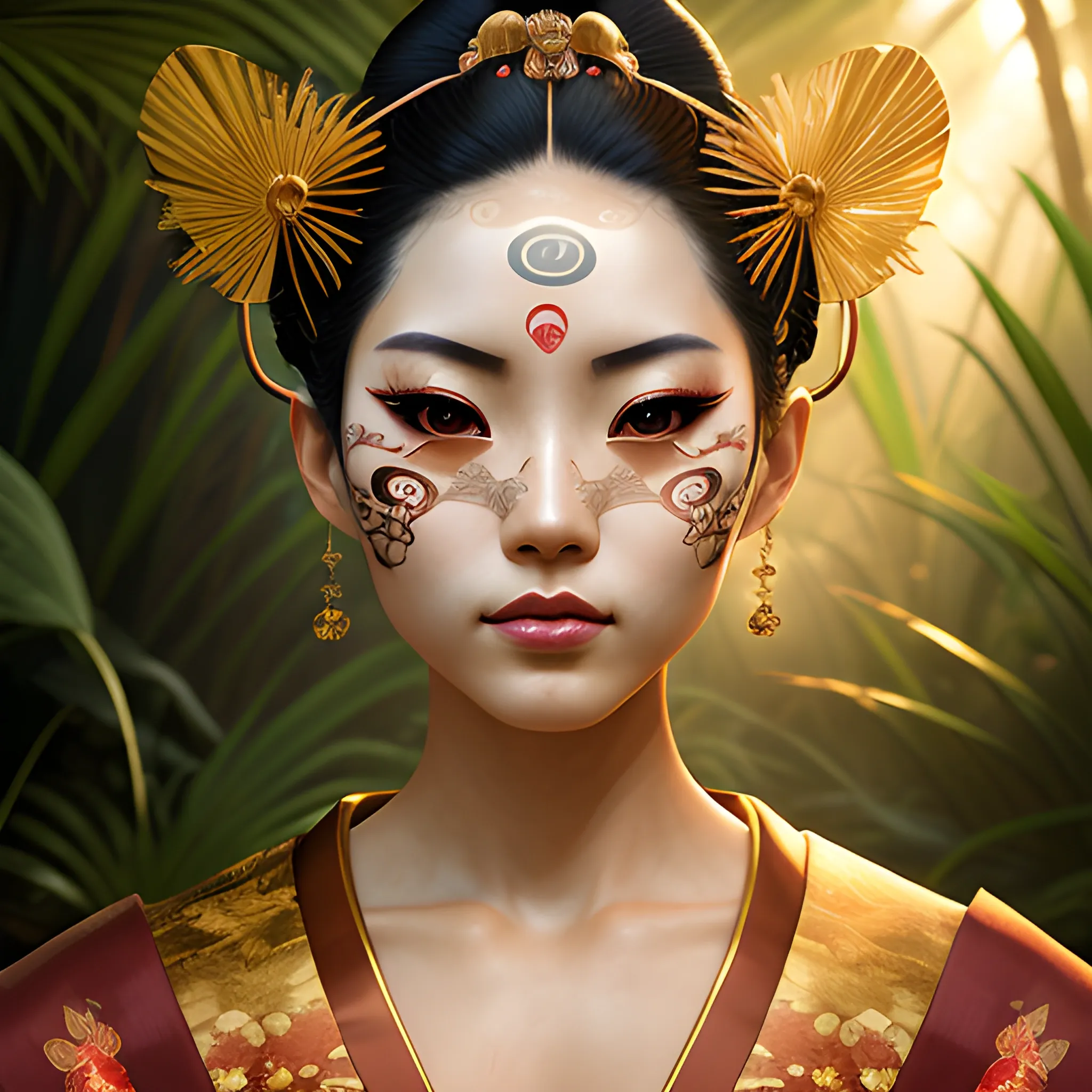 stunningly beautiful, peruvian geisha prima ballerina in jungle, symmetrical face, golden hour, smooth, focus, highly detailed, hyper realistic, dramatic lighting, elegant, intricate, concept art, art by wlop, mars ravelo, greg rutowski, artstation, Trippy