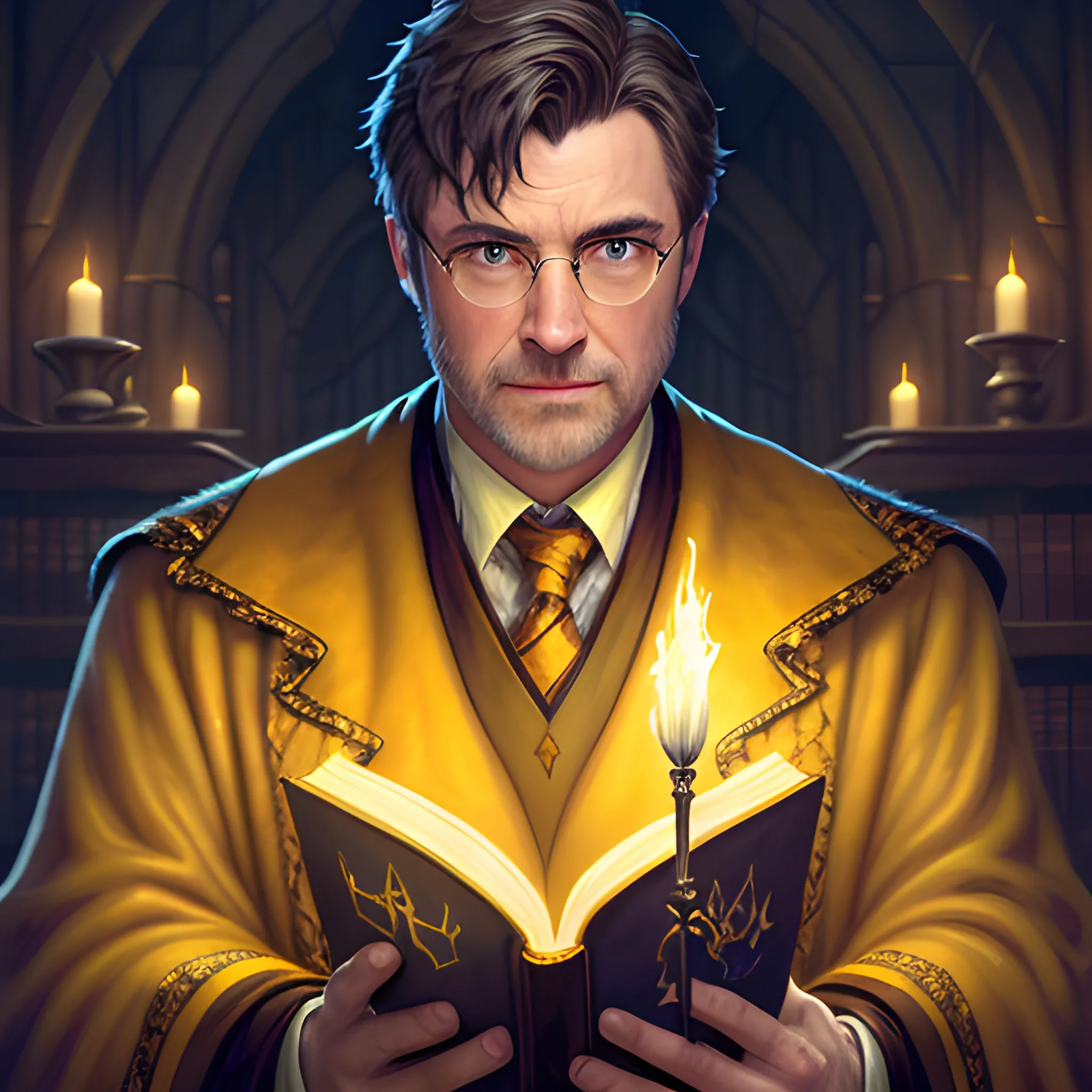 an oil painting of a portrait of a handsome hogwarts boy in hufflepuff holding glowing magic books, fairy tale, dreamy light, by wlop, greg rutkowski, thomas kinkade, super detailed, 3 d, hdr on, 4 k wallpaper, Trippy