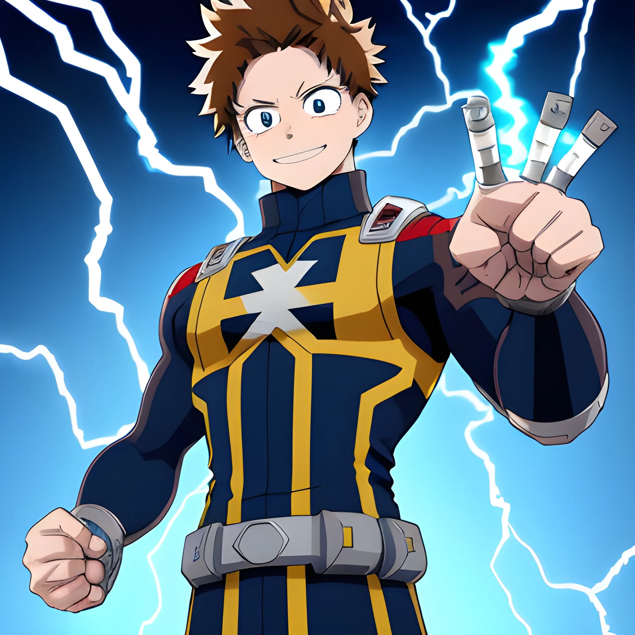 my hero academia male oc with brown hair and blue eyes and blue electricity around hands looking happy