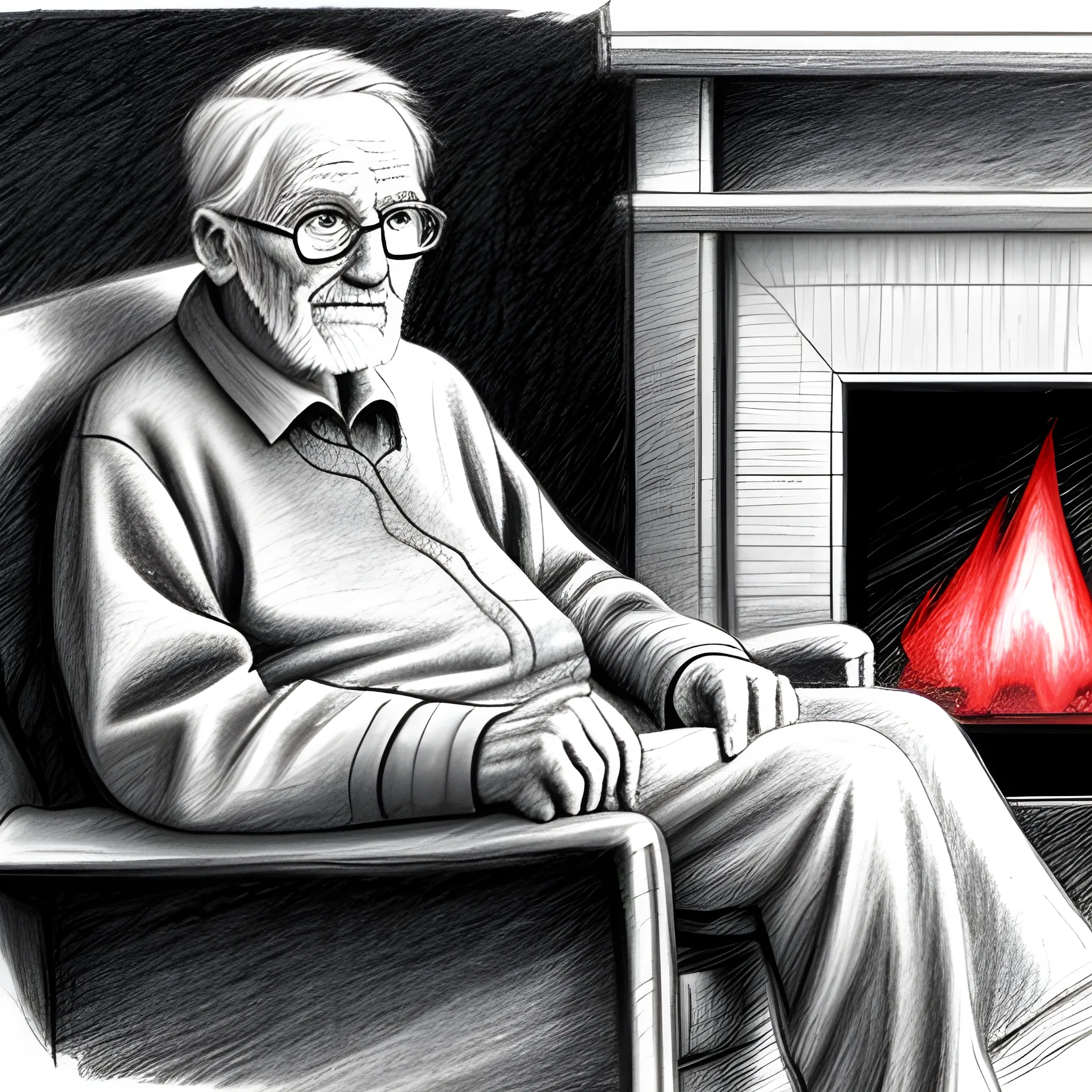 an old man on the sofa near to fireplace, Pencil Sketch