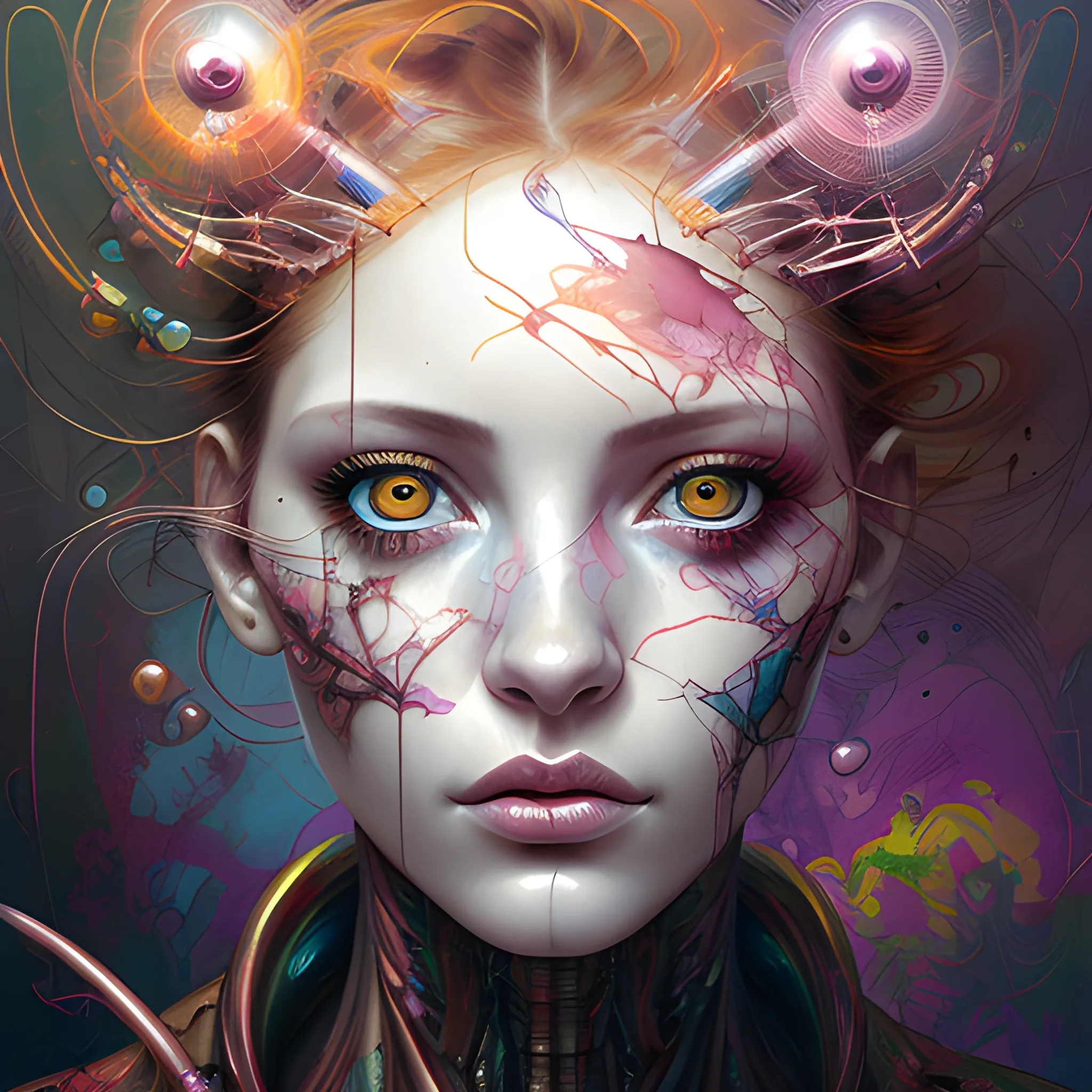 Hyper-realistic digital painting of the natural beauty of a woman with piercing eyes, reflections in the pupils, highly detailed, dynamic and perfect composition, in grunge graffiti style using the airbrush techniques of Wadim Kashin, combining the gentle artistry of Jose Royo, Boris Vallejo, Julie Bell, Carne Griffiths and Brian Froud, precise anatomy, with centered symmetrical composition, surreal and fantastical setting, sharp focus, illustration, accent lighting, contrasting vivid paint colors, artstation trend, Trippy