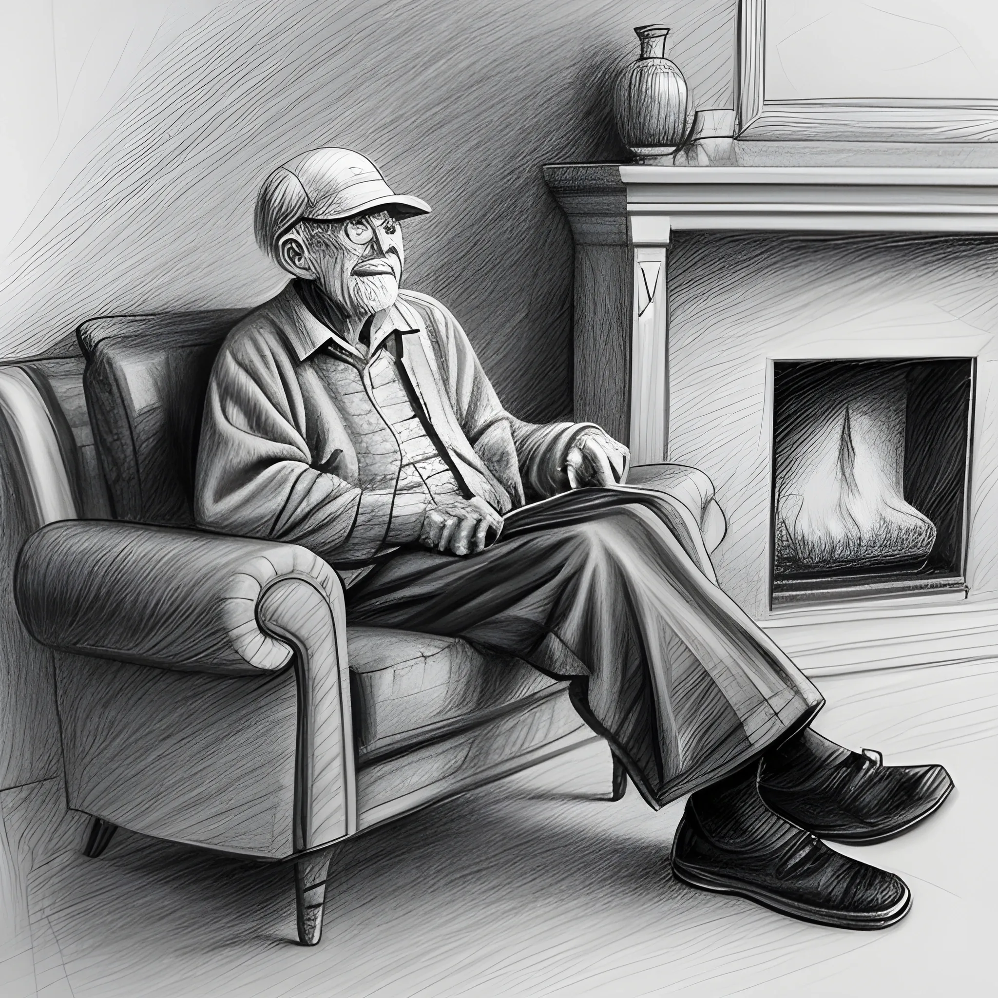 an old man on the sofa near to fireplace, Pencil Sketch