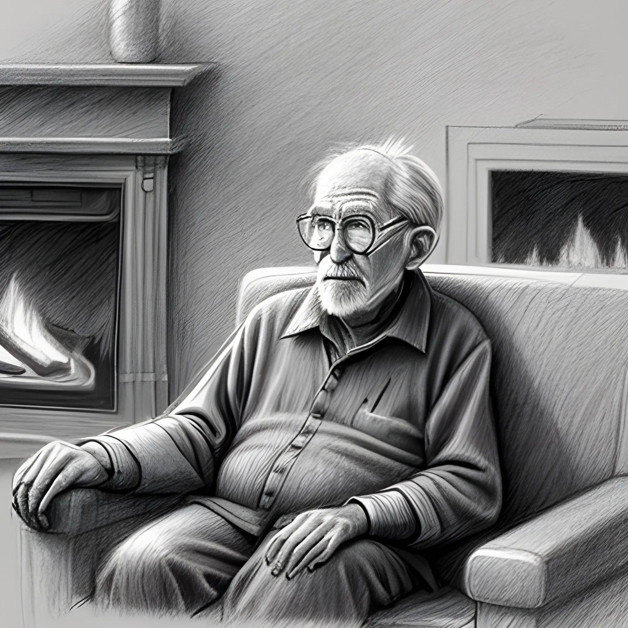 an old man on the sofa near to fireplace, Pencil Sketch