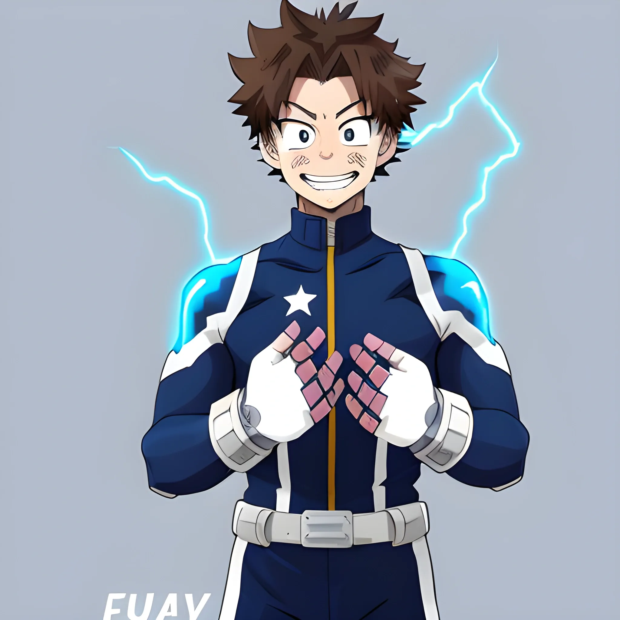 my hero academia male oc with brown hair and blue eyes and blue electricity around hands looking happy full body