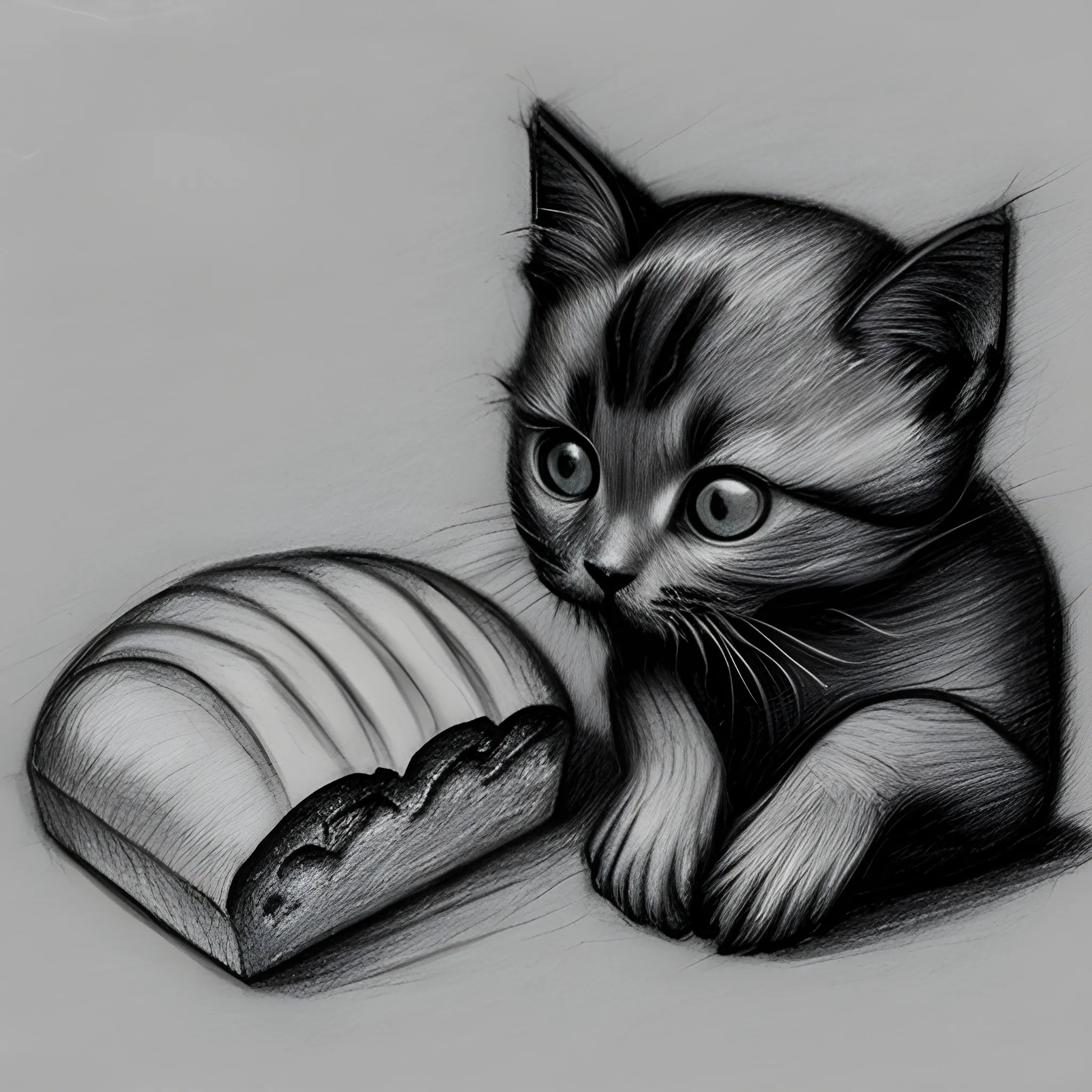 human hand with piece of bread in it, thin black kitten is eating this bread , Pencil Sketch