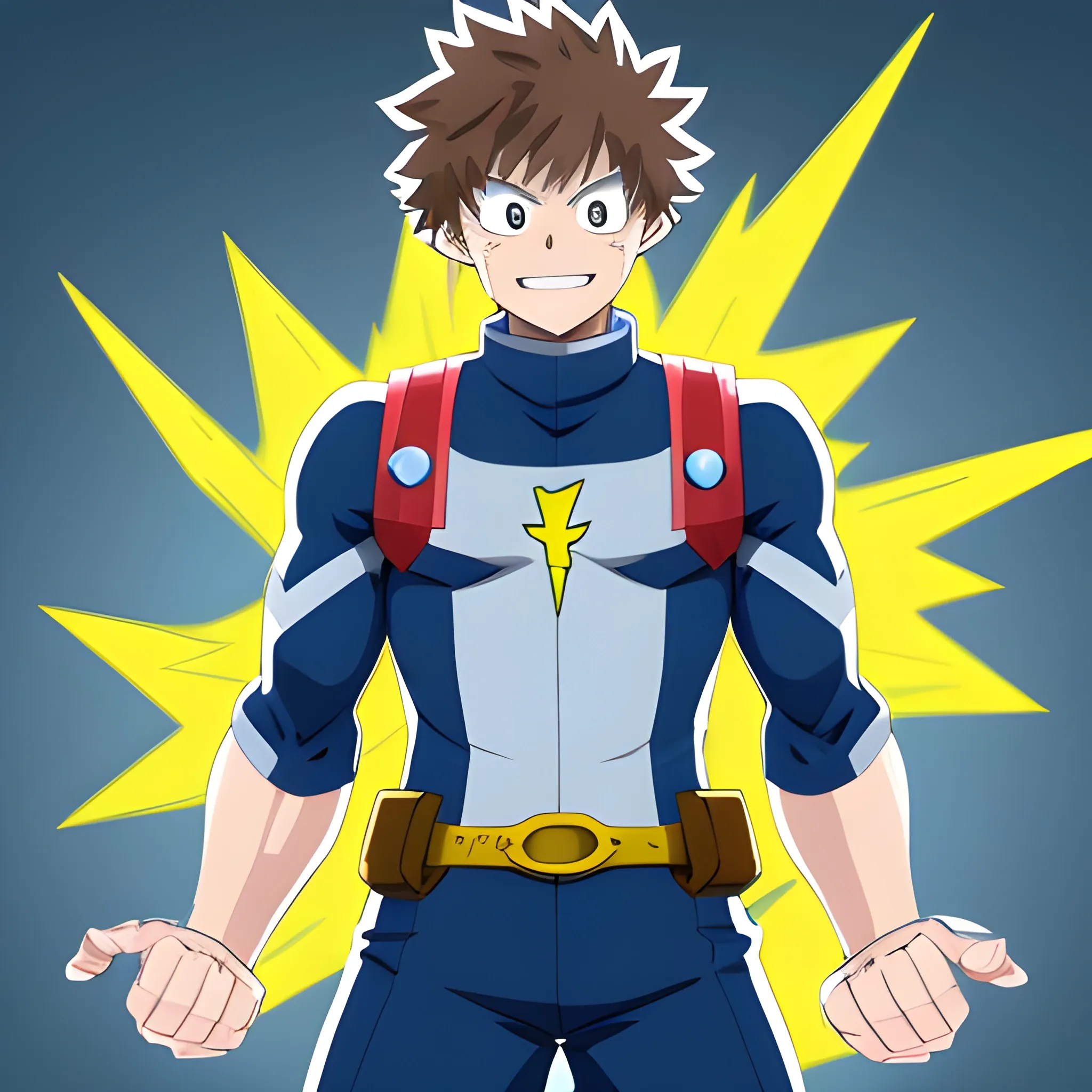 my hero academia male oc with brown hair and blue eyes and blue electricity around hands looking happy full body