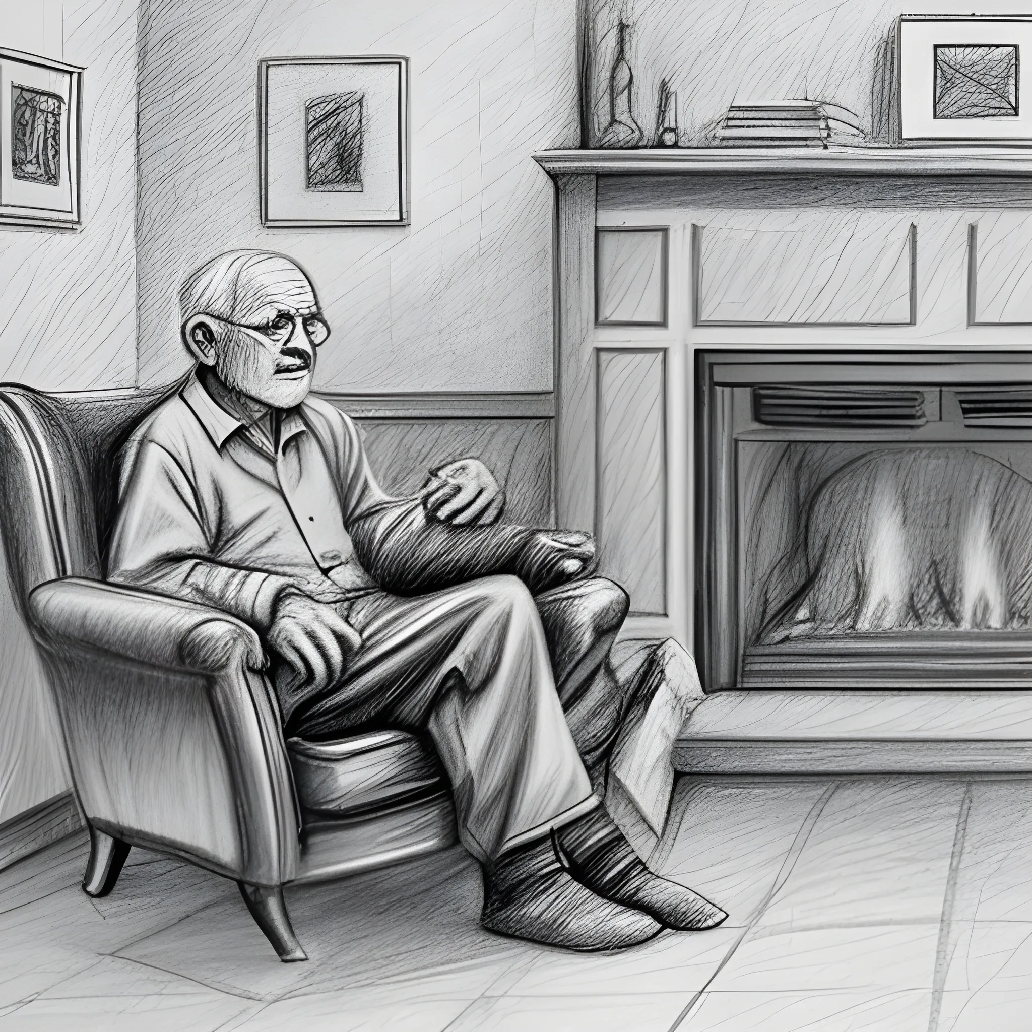 an old man on the sofa near to fireplace, Pencil Sketch