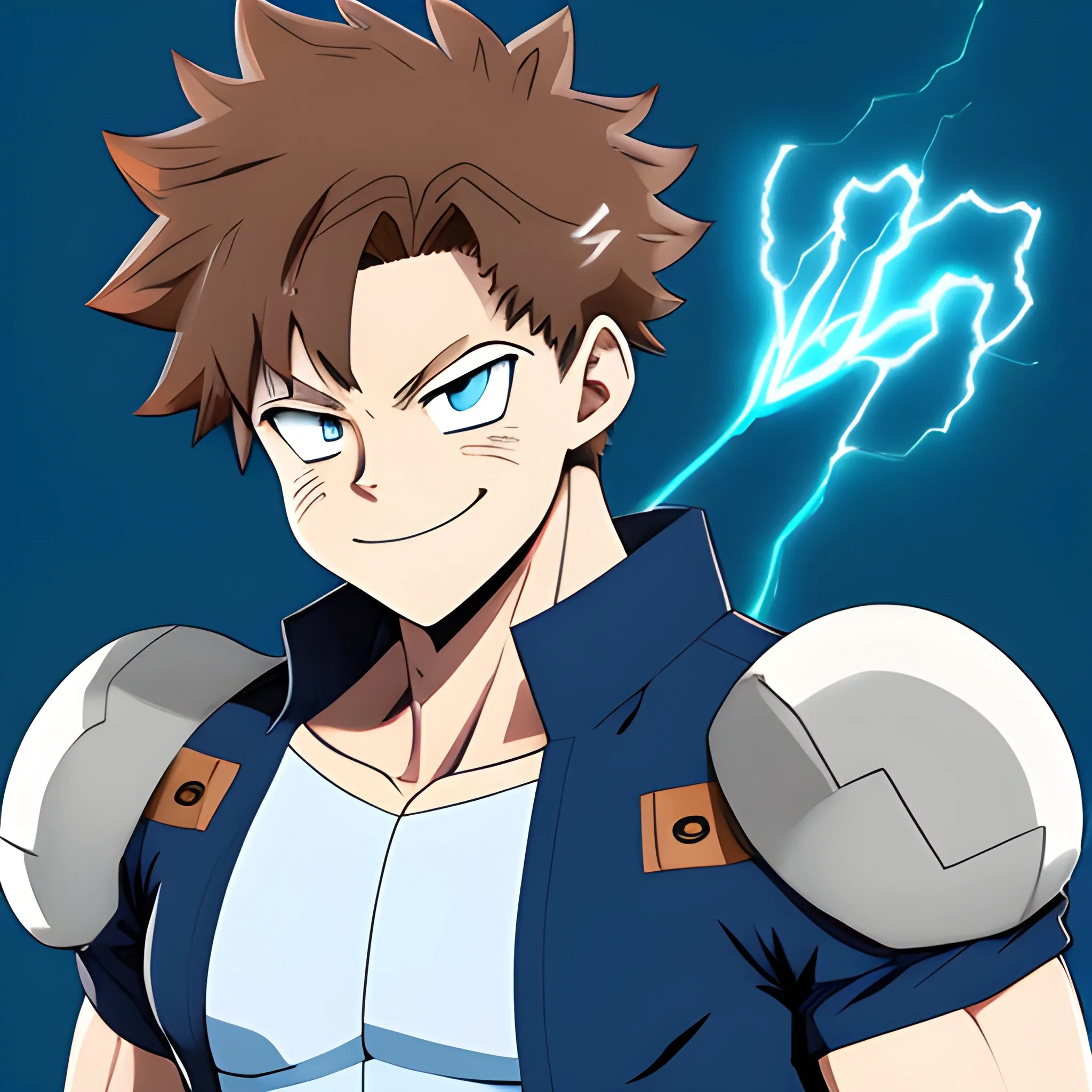 my hero academia male oc with brown hair and blue eyes and blue electricity around hands looking happy full body