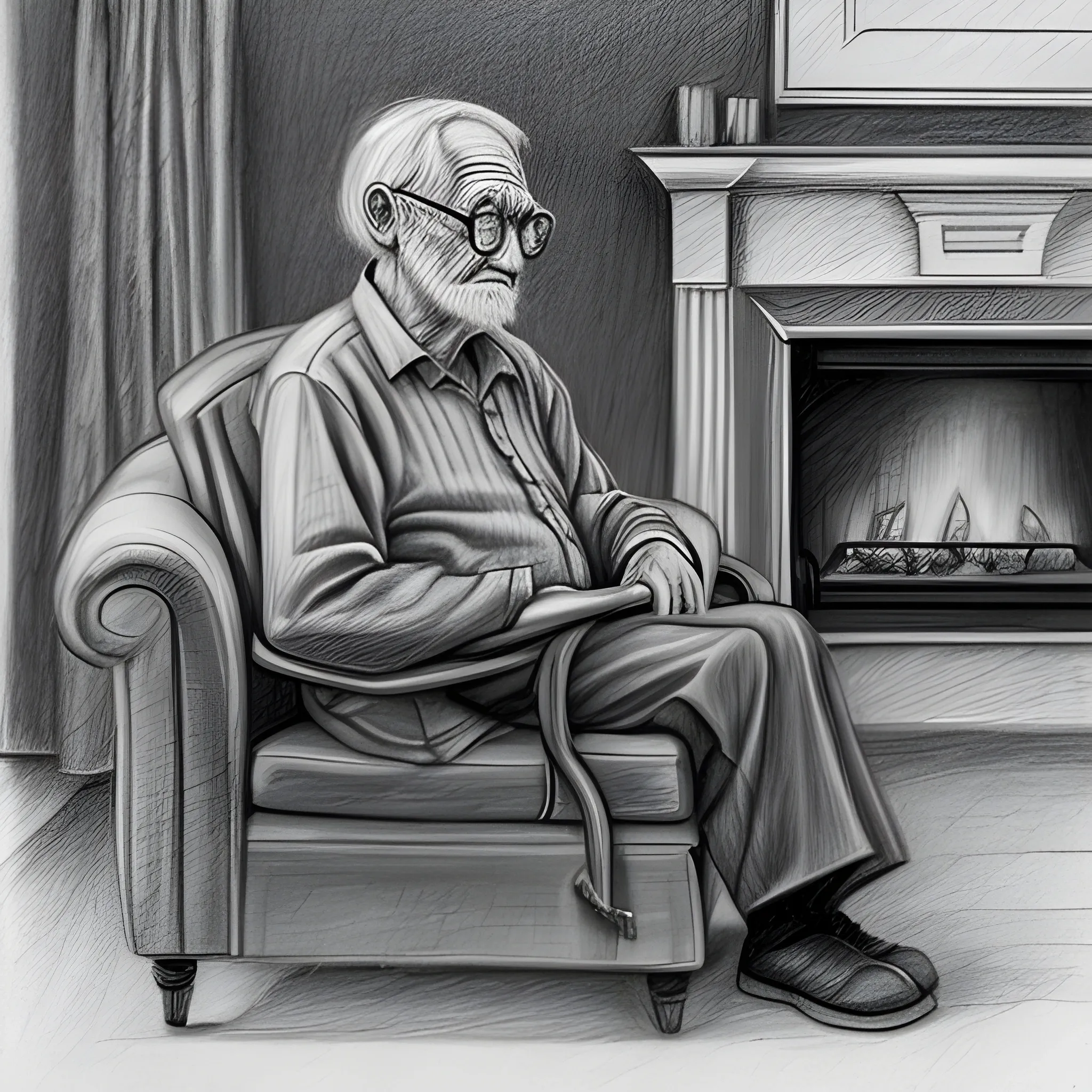 an old man on the sofa near to fireplace, Pencil Sketch