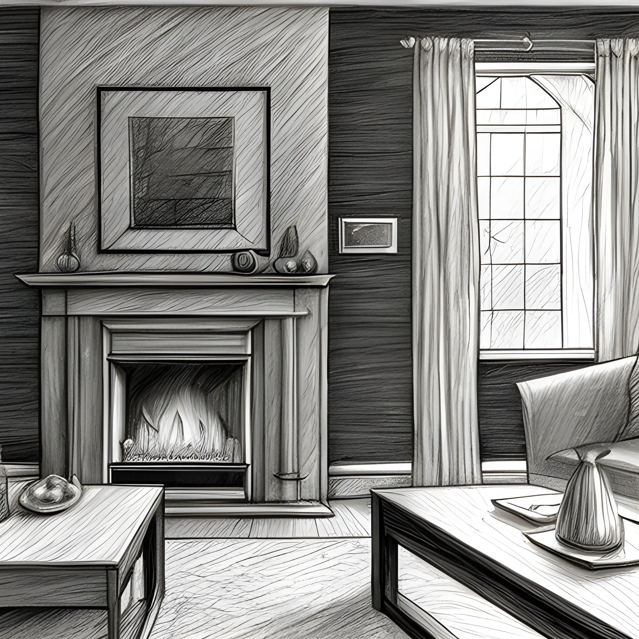  living room with fireplace, Pencil Sketch