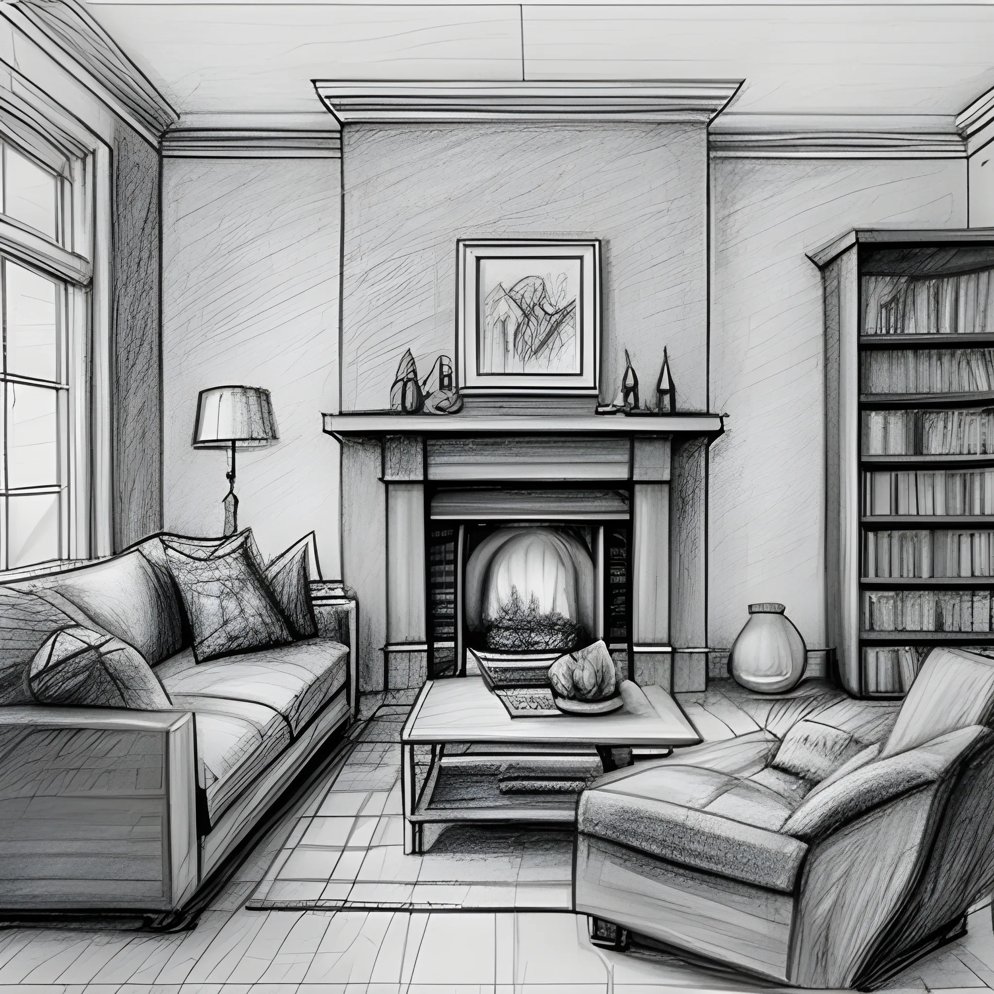  living room with fireplace, Pencil Sketch