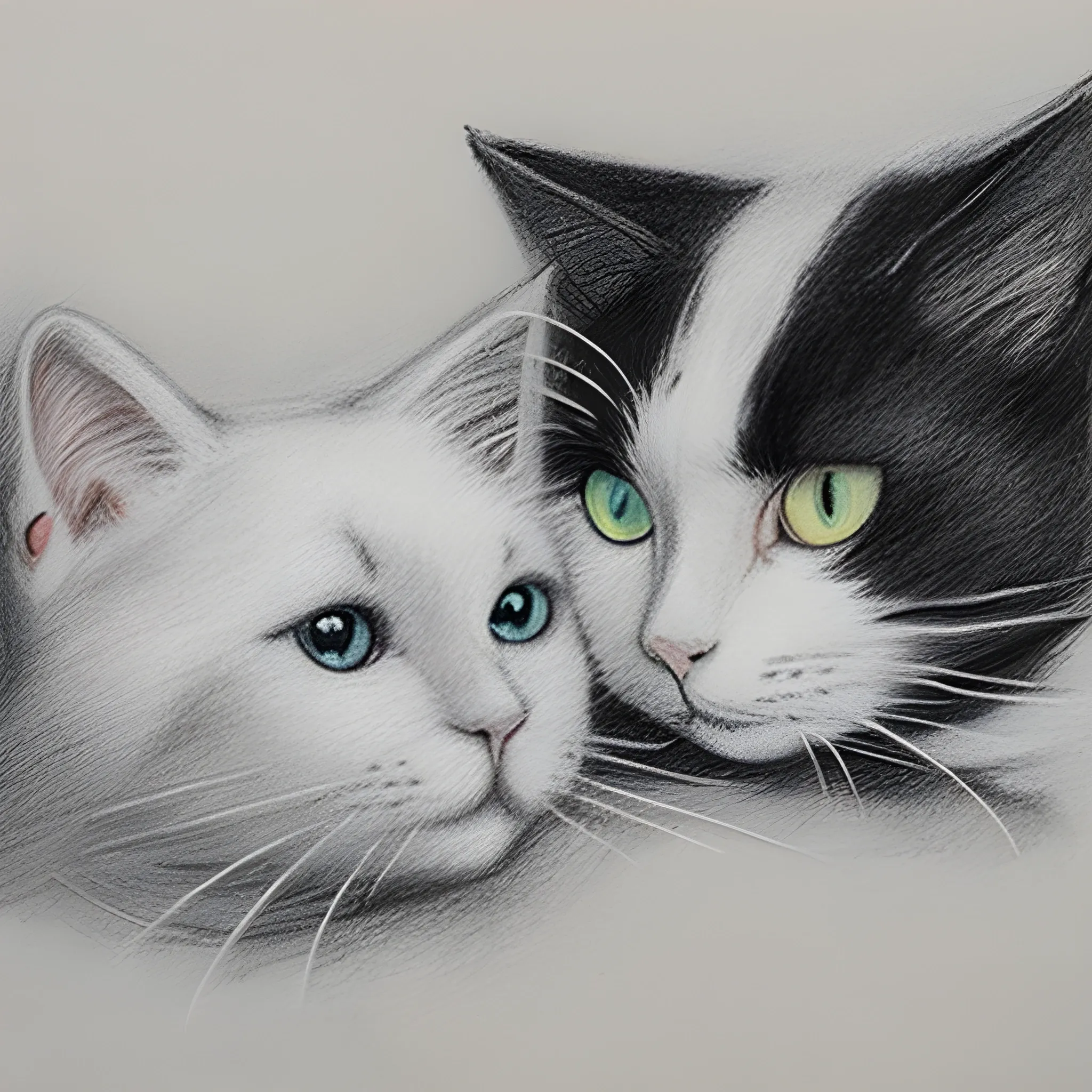 white cat and black cat, Pencil Sketch