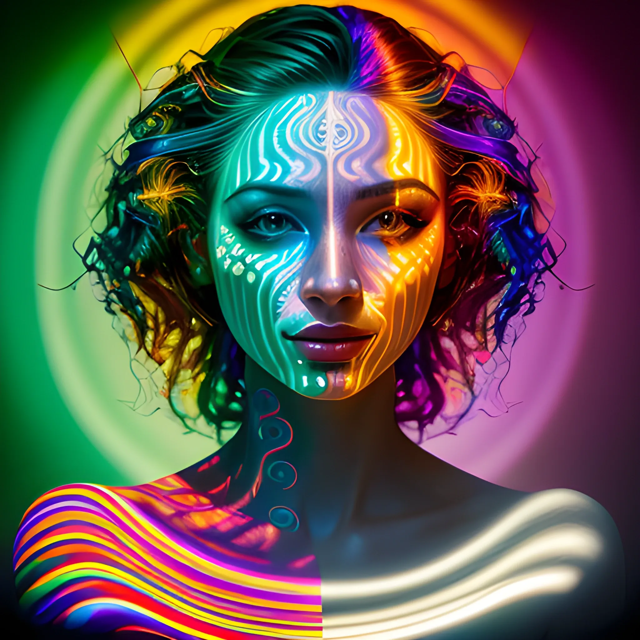 ortrait of a stunning woman with colorful light stripes projected onto her face, creating intricate patterns and shadows. The focus is on the fluidity of light, her skin, and hair, capturing intricate, multicolored lighting, Oil Painting