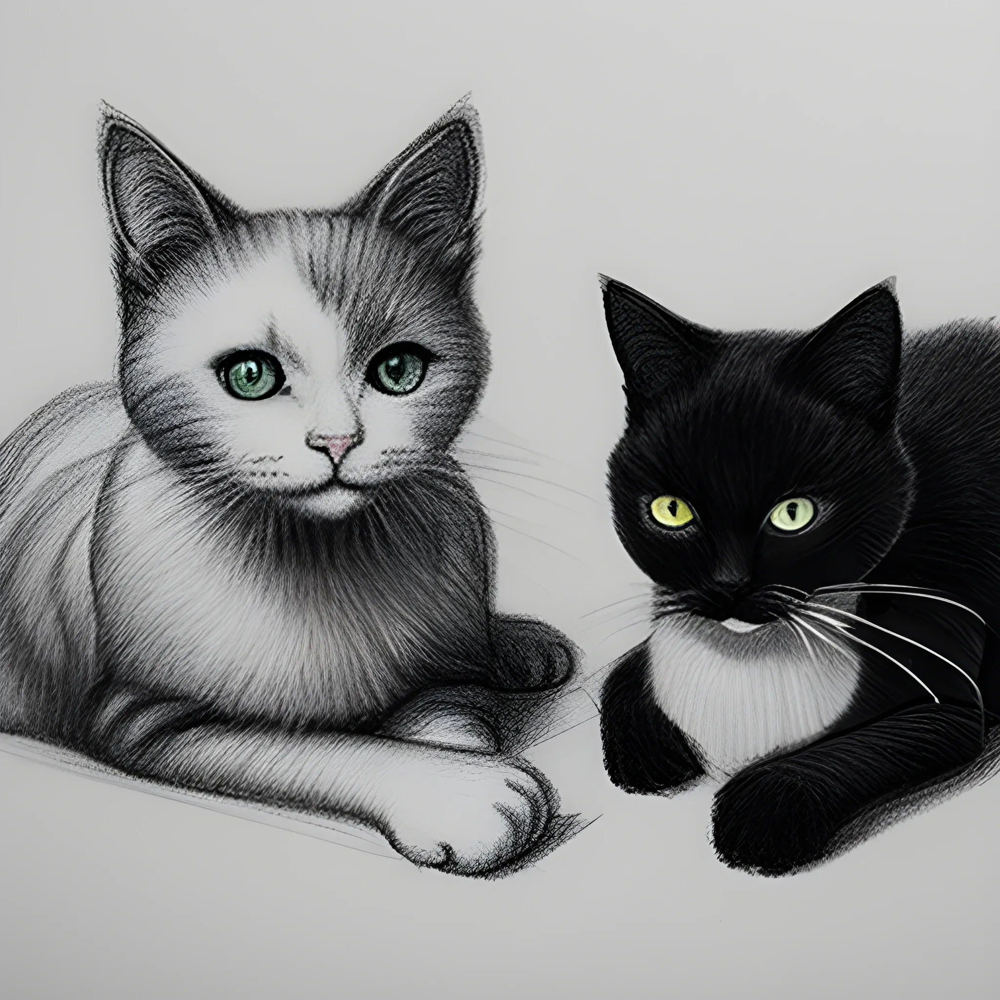 white cat and black cat, Pencil Sketch