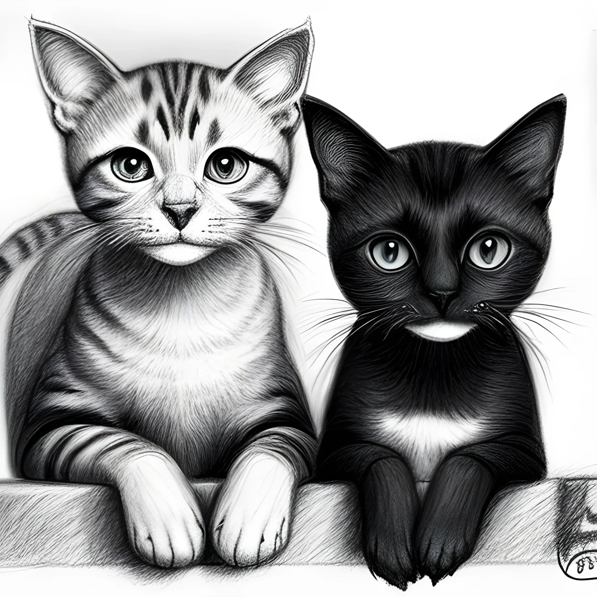 two cats black and white, Pencil Sketch